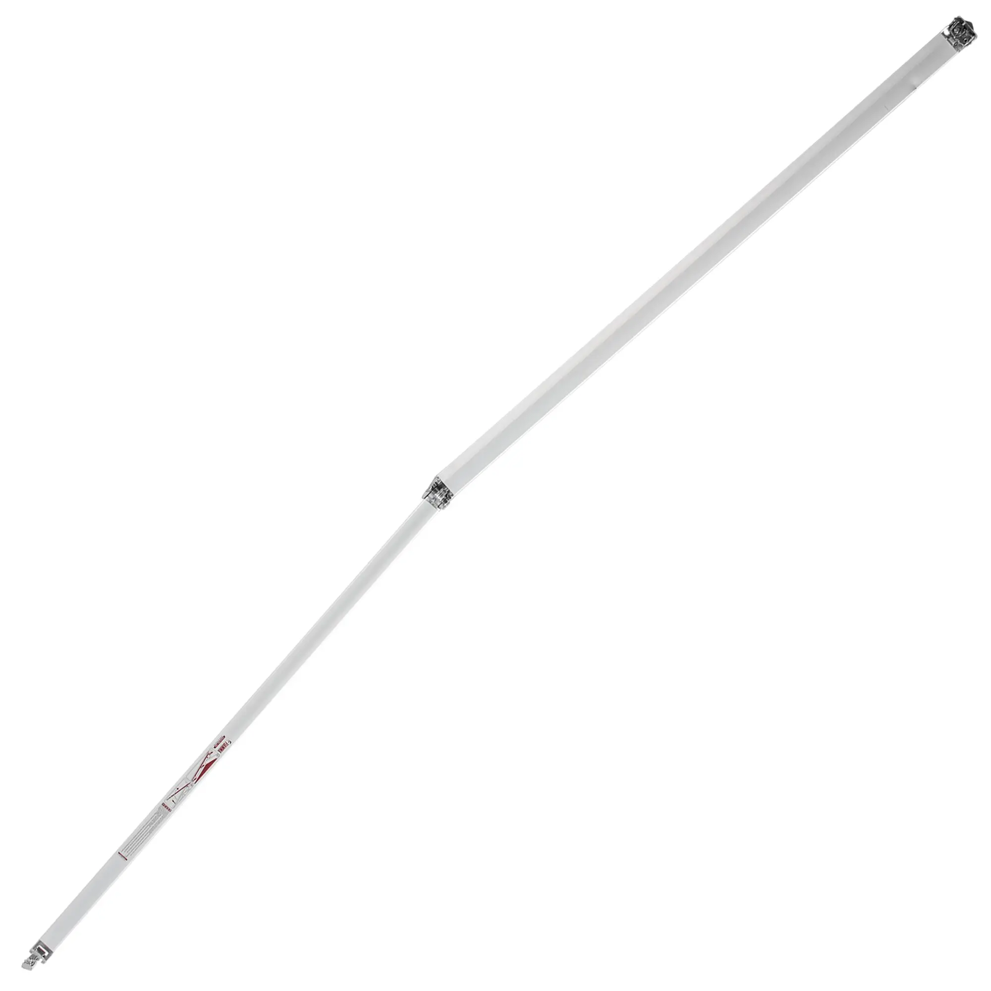 Gelenkarm aus weißem Aluminium, diagonal von unten links nach oben rechts angeordnet, mit metallischen Endstücken an beiden Enden und sichtbaren roten Etiketten am unteren Ende