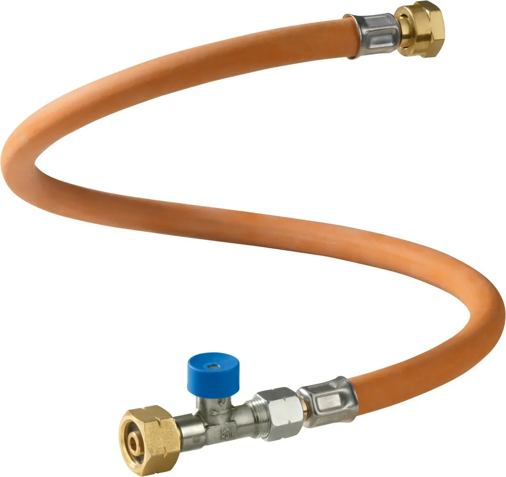 Orangefarbene Hochdruck-Schlauchleitung Caramatic ConnectDrive G.1, 750 mm, mit Messinganschlüssen und blauem Absperrventil