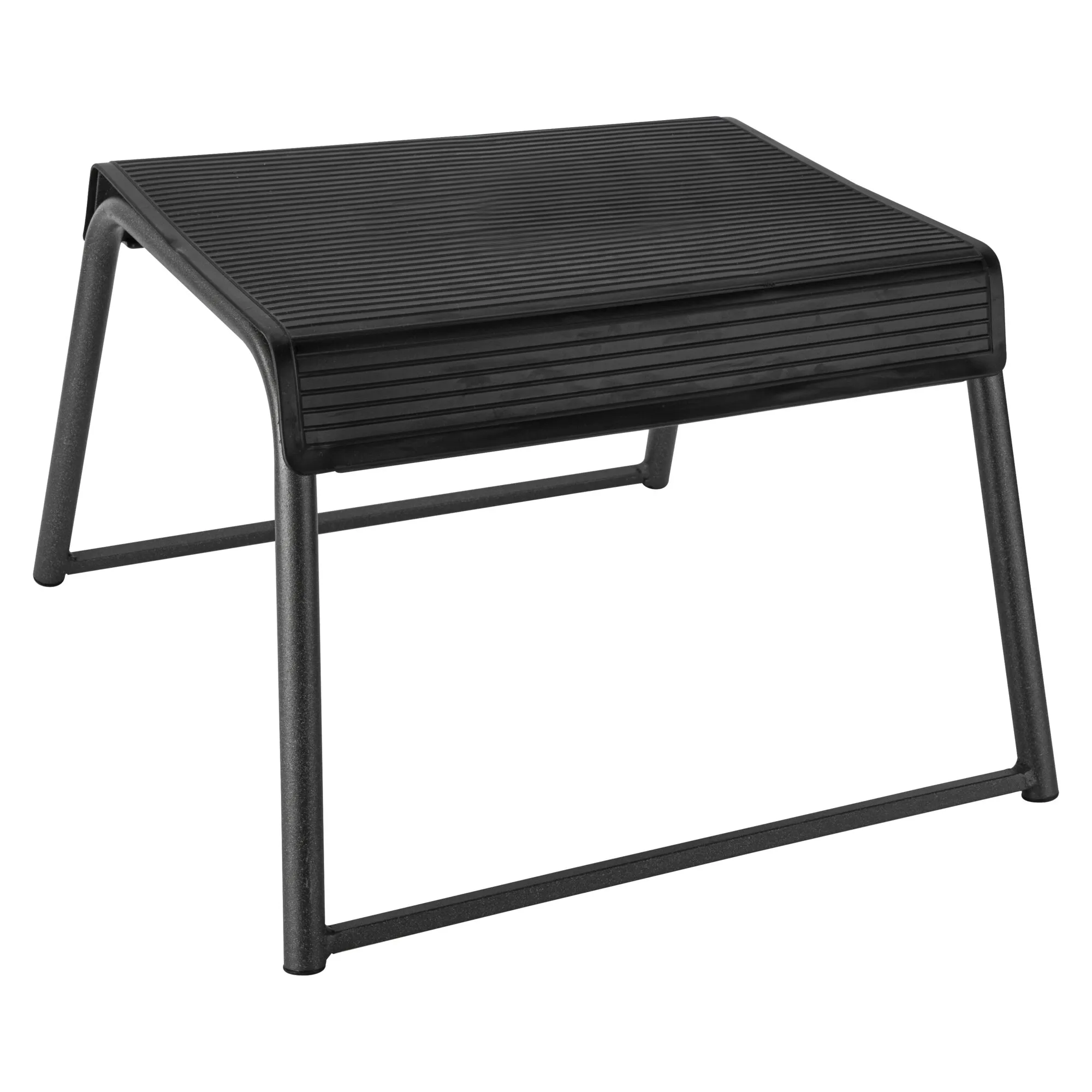 Schwarze Trittstufe Standard mit geriffelter, rutschhemmender Standfläche und vier stabilisierenden Metallbeinen