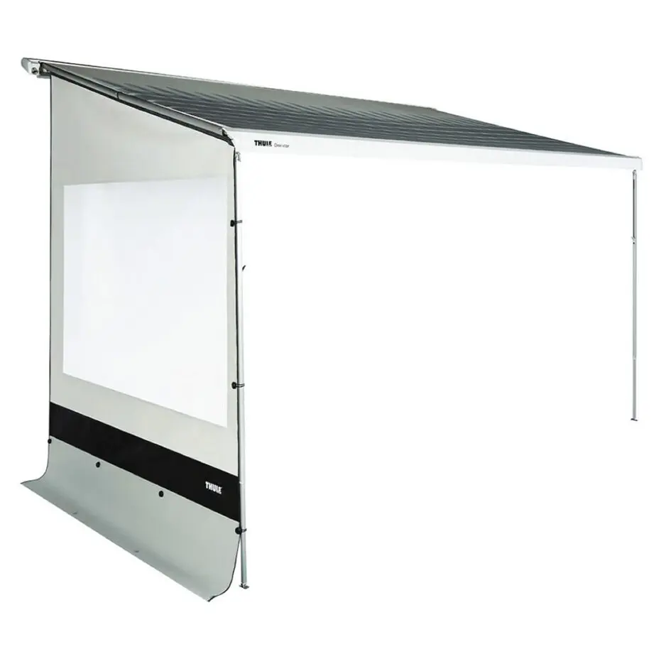 Seitenteil des Thule Rain Blocker G2 Side V2: weiße Seitenwand mit durchsichtiger Fensterfläche, graue Bodenblende, vertikale Metallstützen und dunkles Dach
