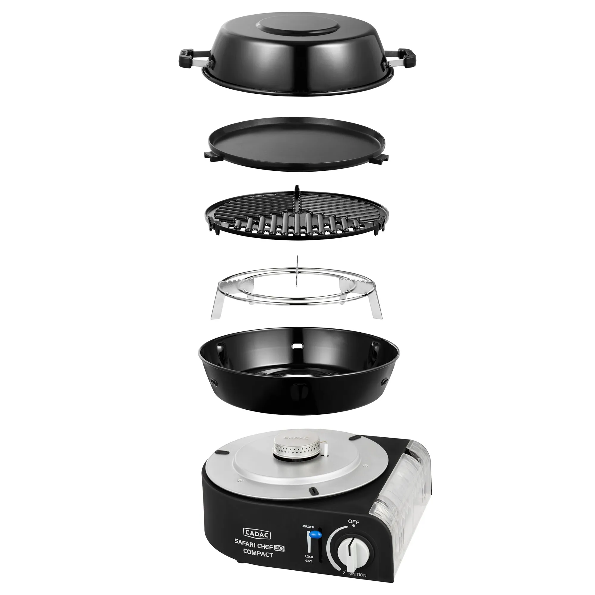 Zerlegter schwarzer CADAC Safari Chef 30 Compact Gasgrill mit Deckel, Grillrost, Grillplatte, Standring und Brennereinheit