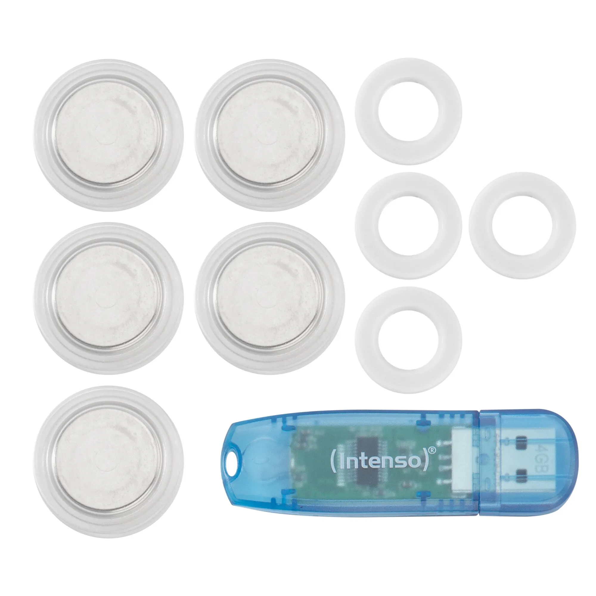 Starter-Magnet-Set mit fünf runden silberfarbenen Magneten, fünf weißen Ringmagneten und blauem USB-Stickgadget