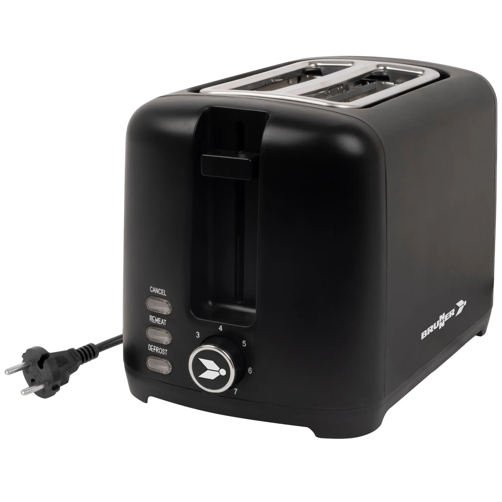 Schwarzer Toaster mit zwei Schlitzöffnungen in Seitenansicht, Vorderseite mit Cancel, Reheat, Defrost und Drehknopf 1–7, Netzkabel links