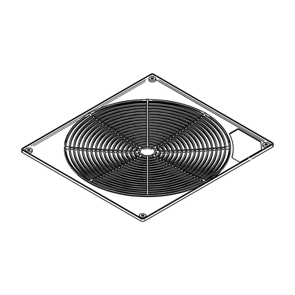 Schwarzes rundes Ventilator-Gitter von Thule auf quadratischem Rahmen mit vier Befestigungsöffnungen für Thule Vent 12 V ab 2008
