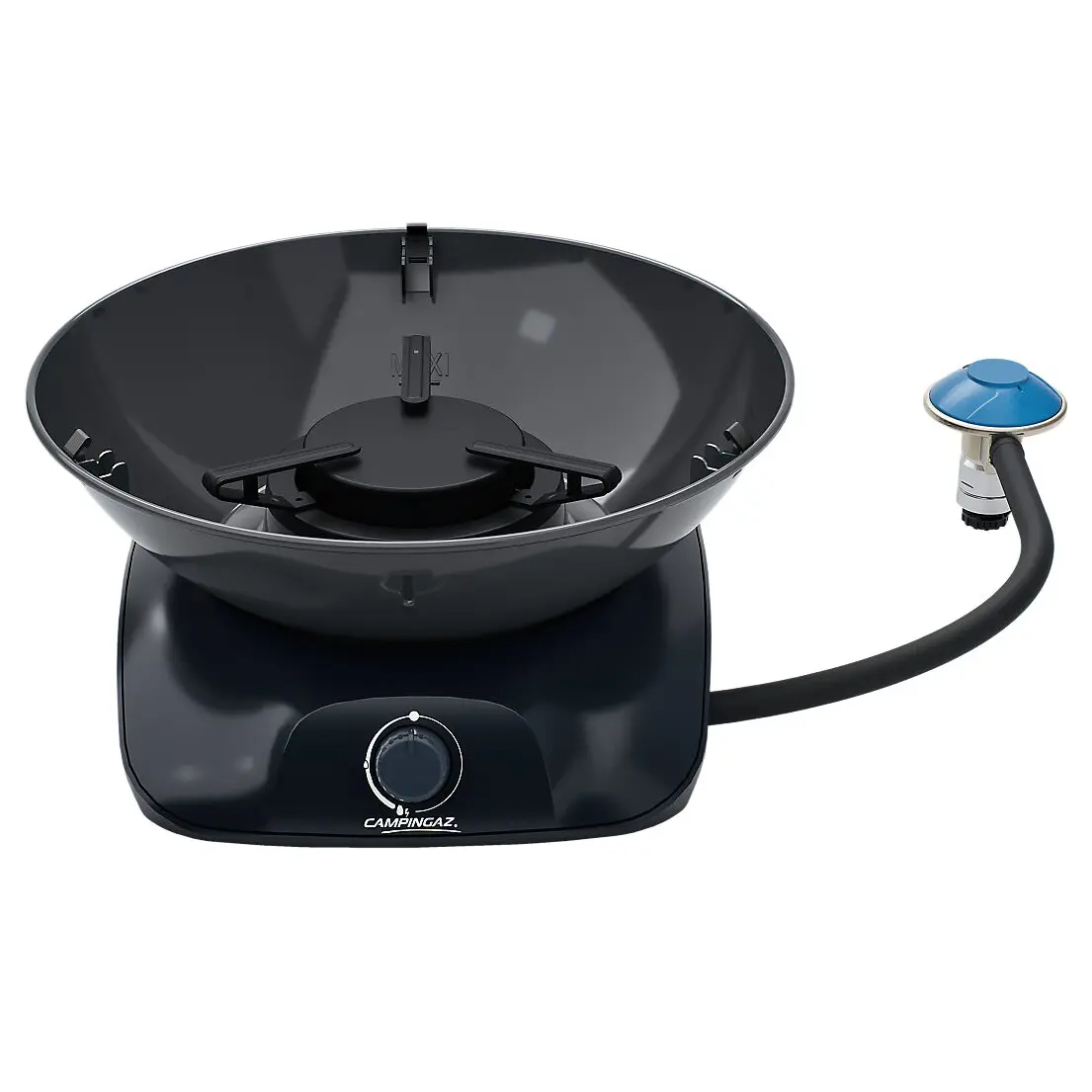 Runder Tischgrill mit dunkler Schüssel, zentralem Brenner, seitlichem Schlauchanschluss mit blauem Regler und Frontknopf mit Campingaz-Logo