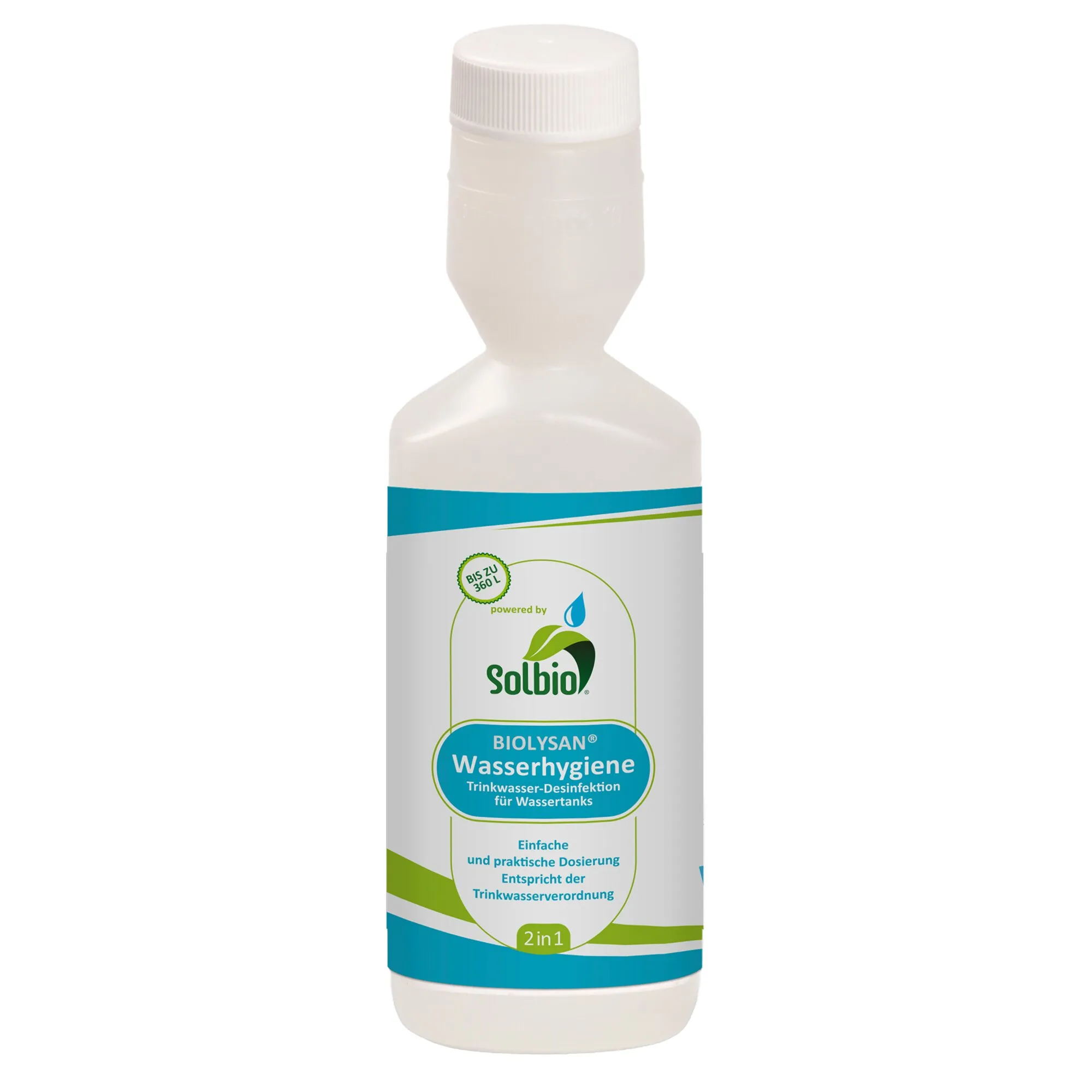 Weiße Kunststoffflasche mit weißem Schraubverschluss; Etikett mit blau-grünen Designelementen, Solbio-Logo und BIOLYSAN Wasserhygiene