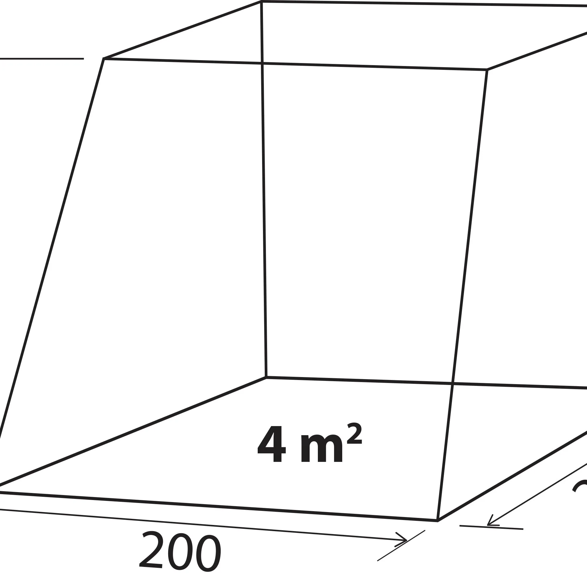 Heckklappenzelt Foyer als schematische Innenansicht mit 4 m² Fläche und 200 cm Breitenmaß