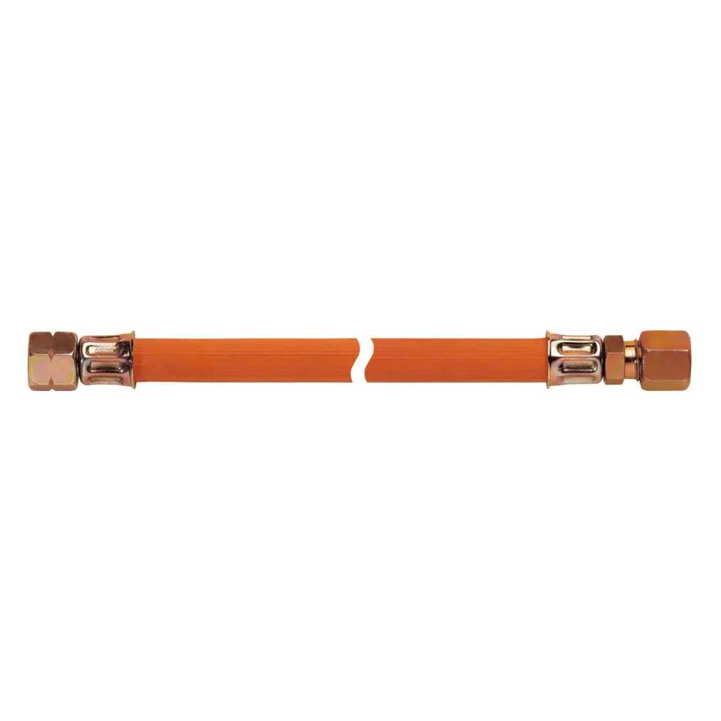 Mitteldruck-Schlauchleitung mit orangefarbenem Schlauch und beidseitigen metallischen Anschlüssen, G1/4 LH-ÜM, Länge 1500 mm
