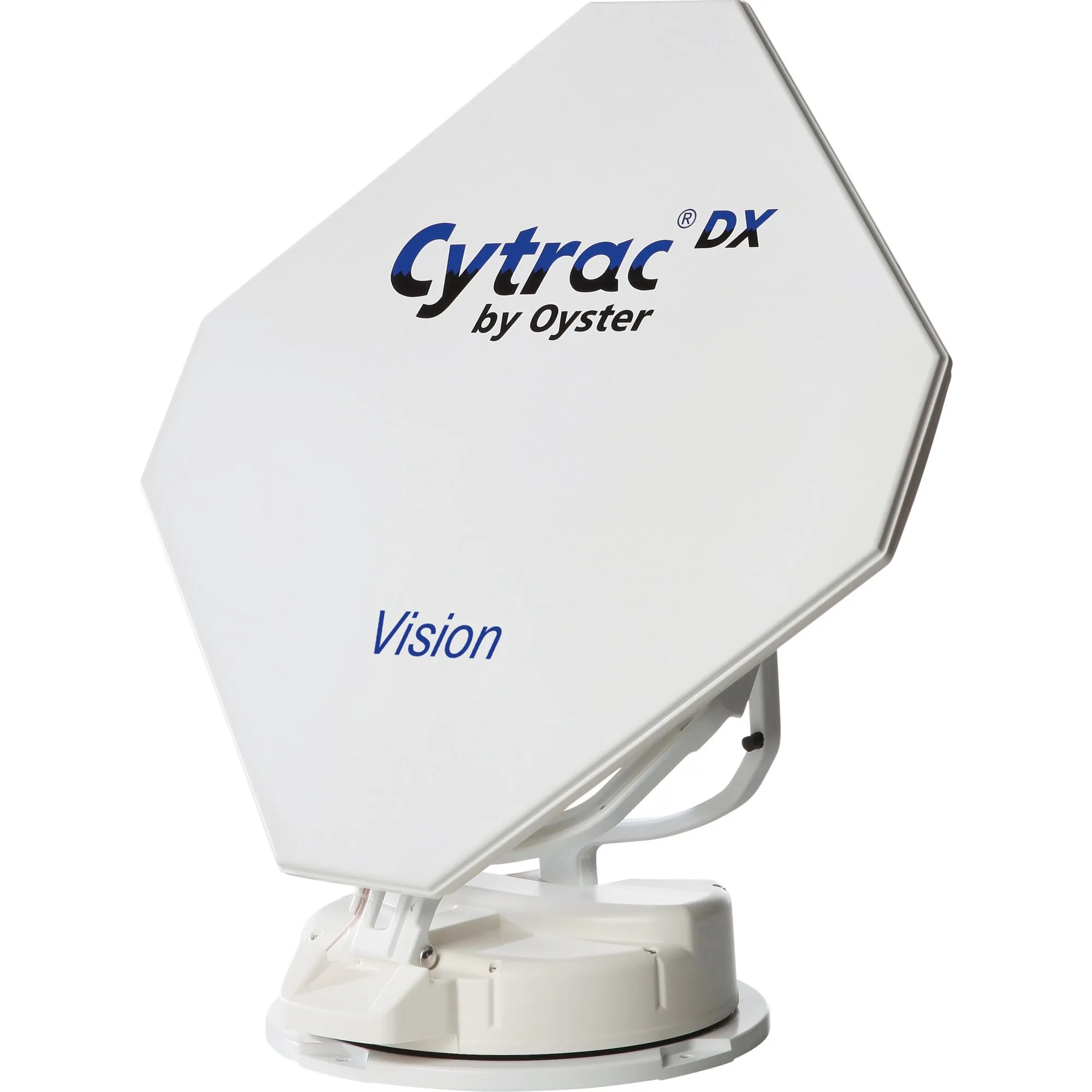 Weiße, flache Sat-Antenne CytracDX Vision Twin von Oyster mit achteckiger Abdeckung und rundem Montagesockel