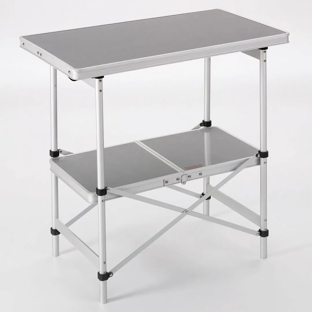 Beistelltisch PP mit grauen, rechteckigen Tischplatten, zwei Ebenen und klappbarem Aluminiumgestell mit Verstrebungen