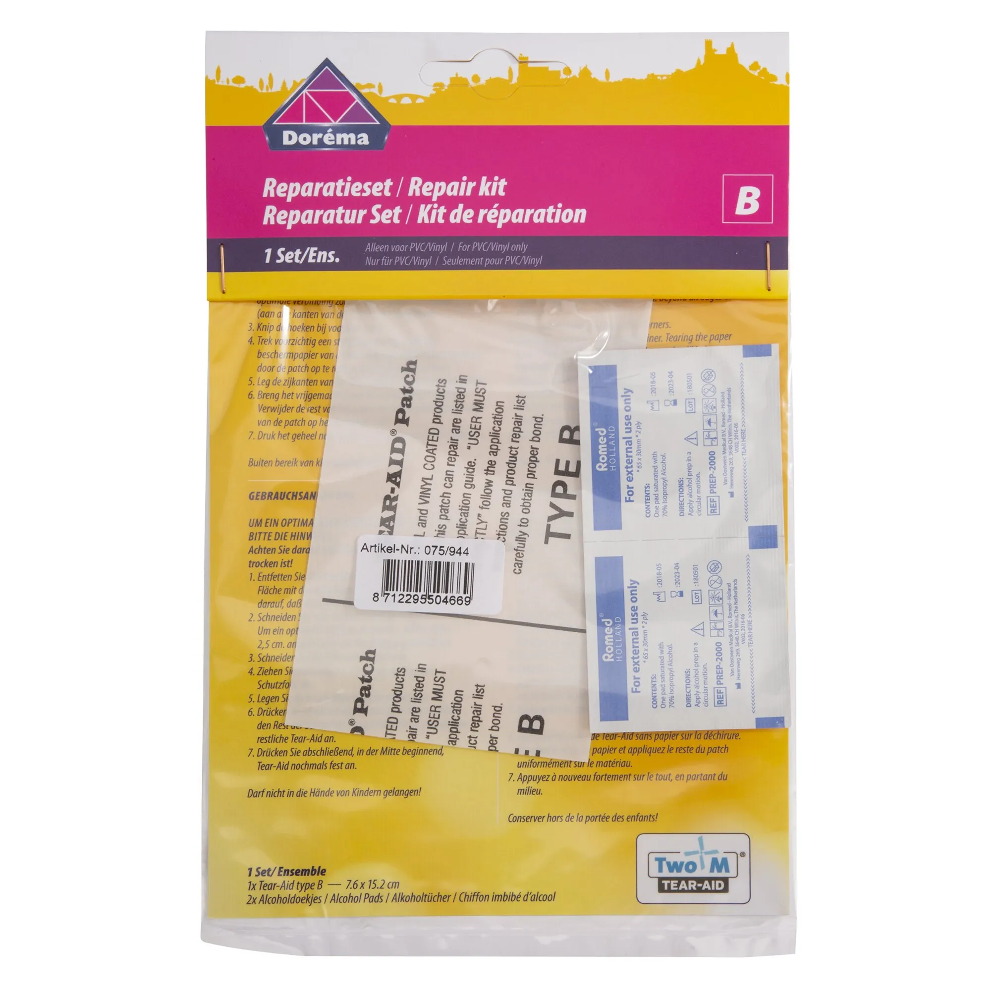 Dorema Reparaturset Tear-Aid Set B in Verpackung mit PVC-/Vinyl-Patch und zwei Alkoholtüchern