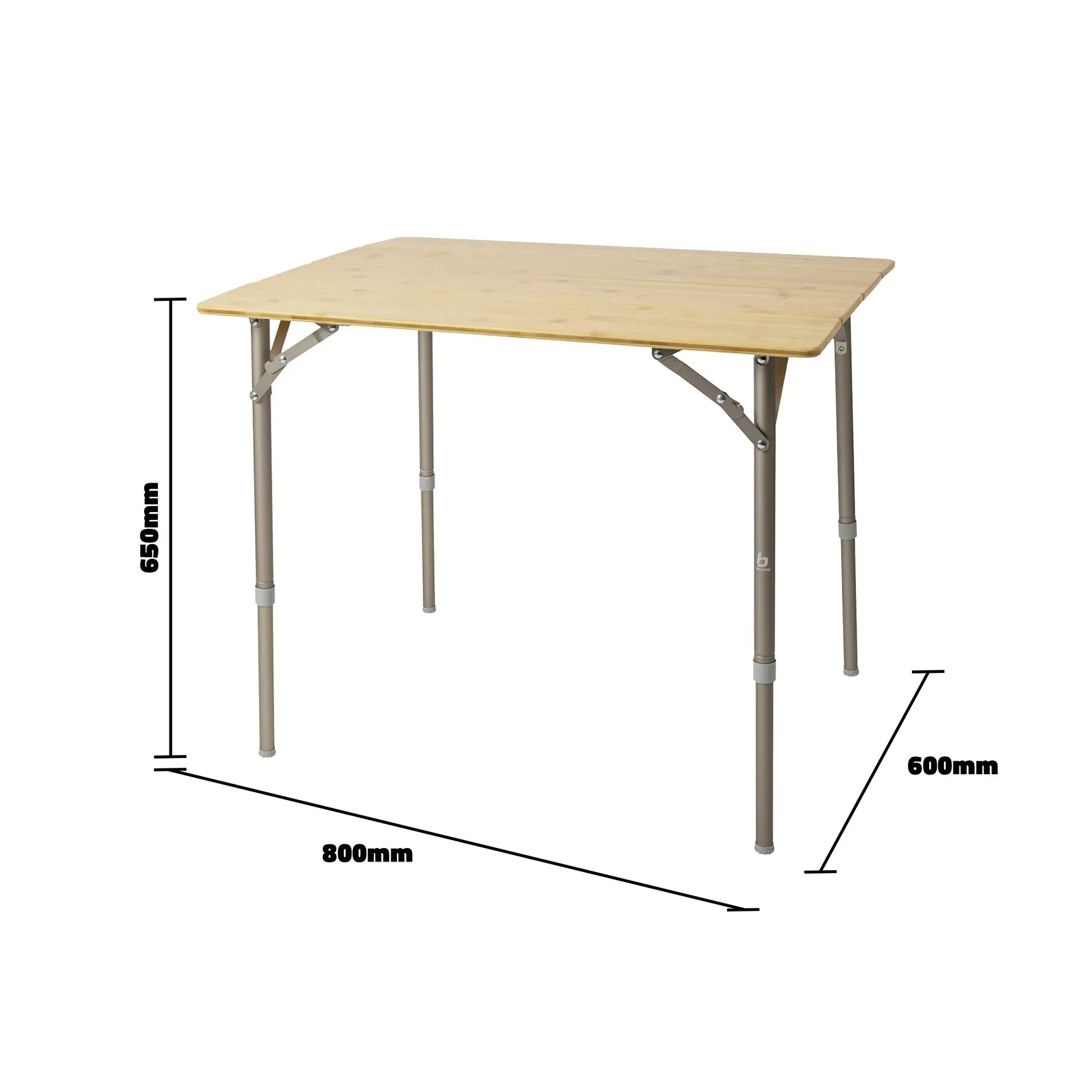 Campingtisch Suffolk mit heller Holz-Tischplatte und höhenverstellbaren Metallbeinen, Maße 800 × 600 × 650 mm
