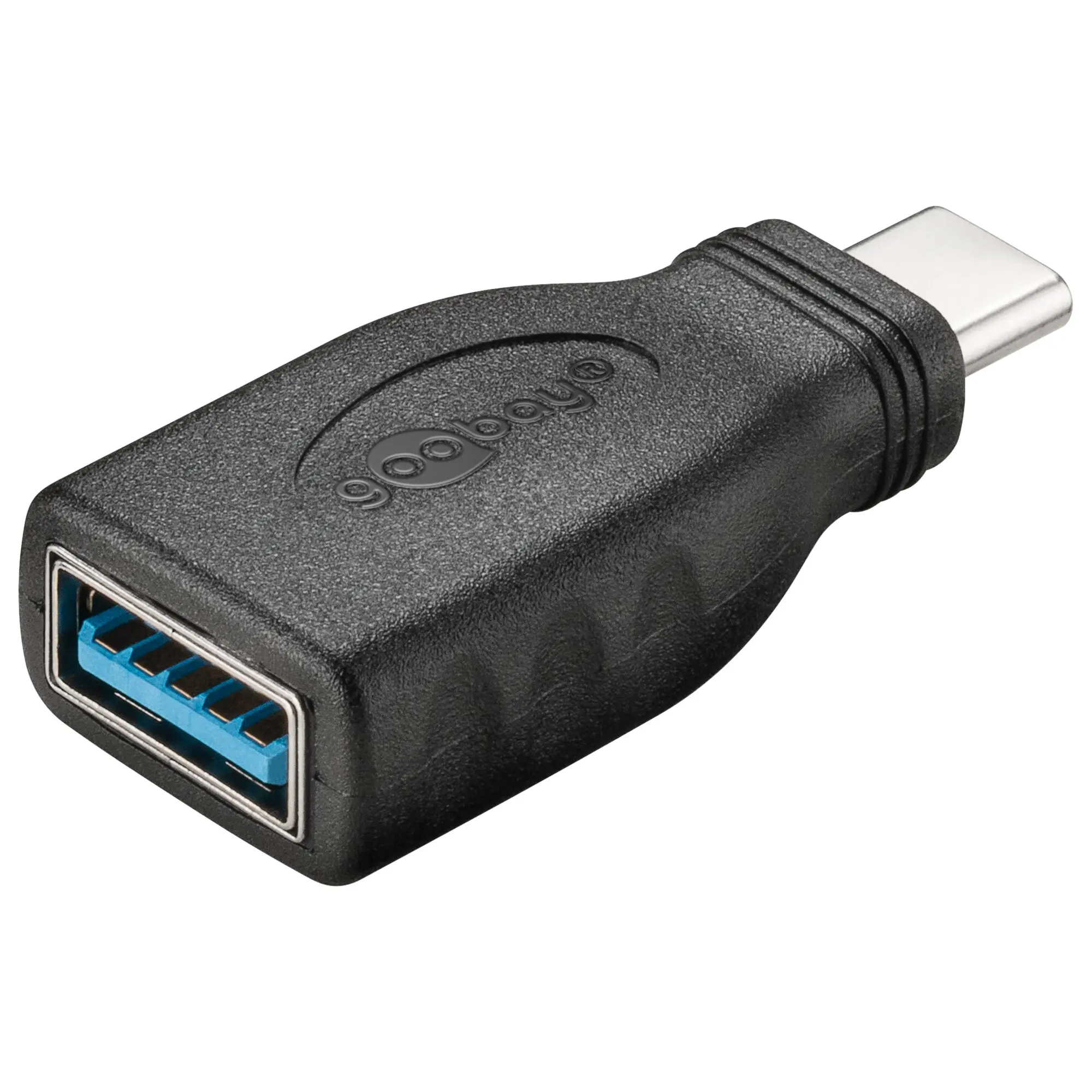 Nahaufnahme eines USB-C zu USB-A 3.0 OTG Adapters: schwarzes Gehäuse, USB-A-Buchse mit blauem Innenraum, USB-C-Stecker sichtbar
