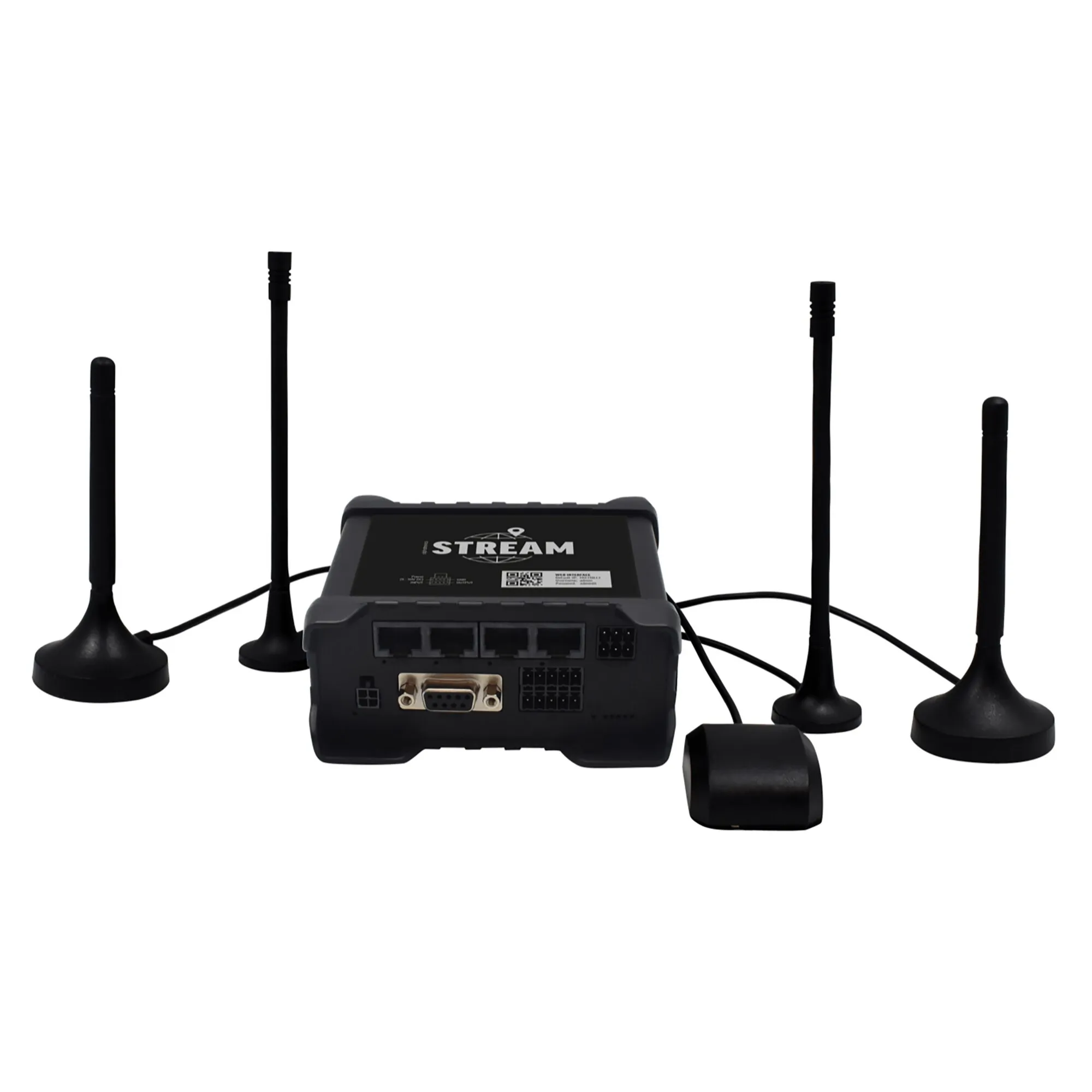 Schwarzes alphatronics Stream Routerset mit Router, vier Antennen, Anschlusskabeln und externem Empfangsmodul vor weißem Hintergrund