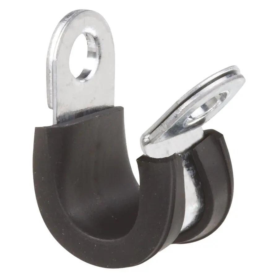 Rohrschelle 6 mm mit Gummiprofil: silberne U-förmige Metallklemme mit schwarzem Gummi-Inlay, Lochöffnung oben zur Befestigung, Nahaufnahme