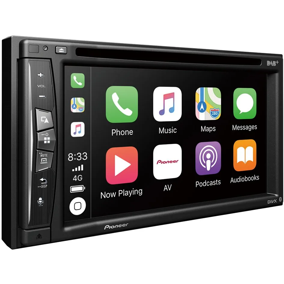 Schwarzes 2-DIN-Navigationssystem Pioneer AVIC-Z730DAB-C-M3 mit Touchscreen, Apple-CarPlay-Oberfläche und seitlichen Bedientasten