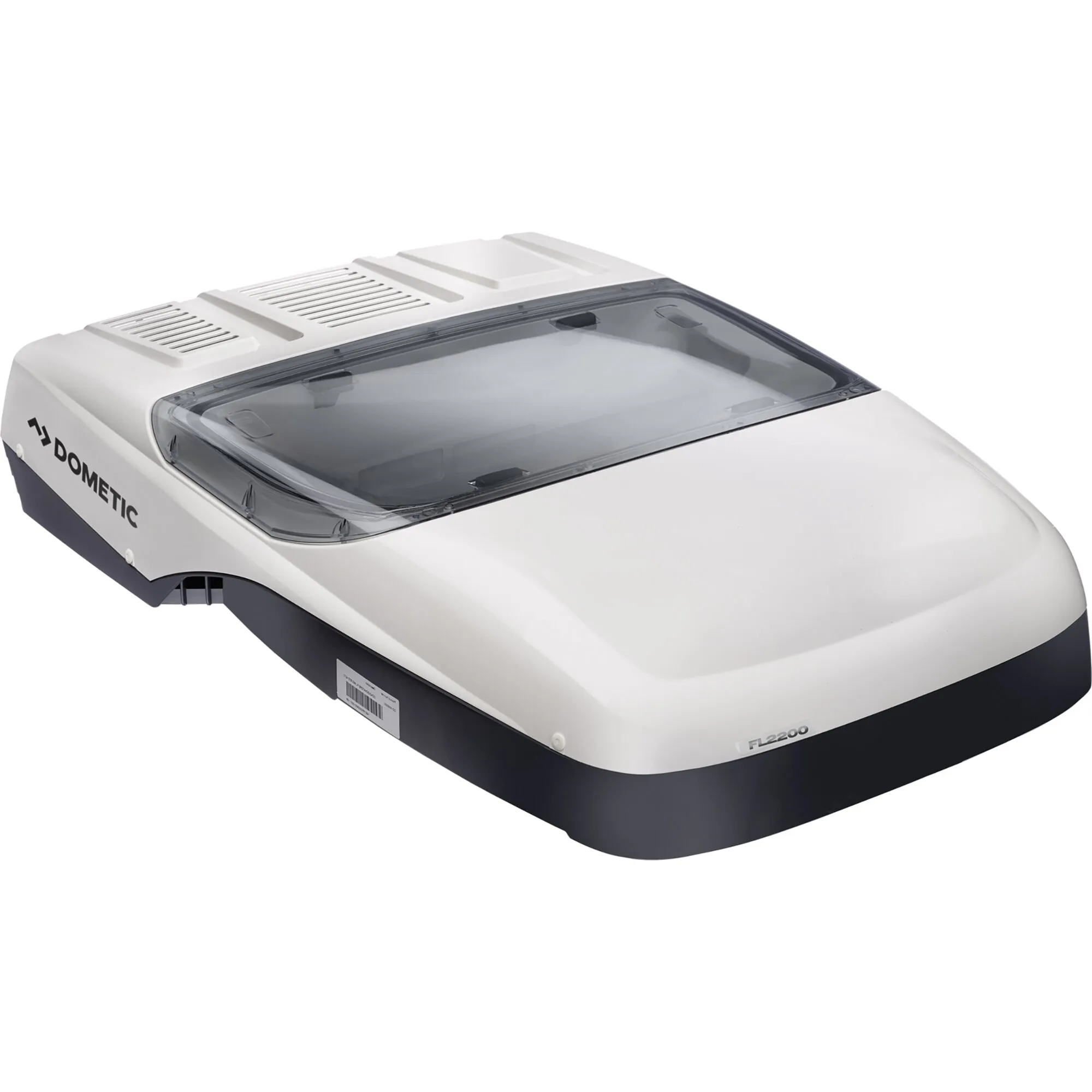 Weiße Dometic FreshLight 2200 Dachklimaanlage mit schwarzem Unterteil, Lüftungsgittern und getöntem Dachfenster, Modell FL2200