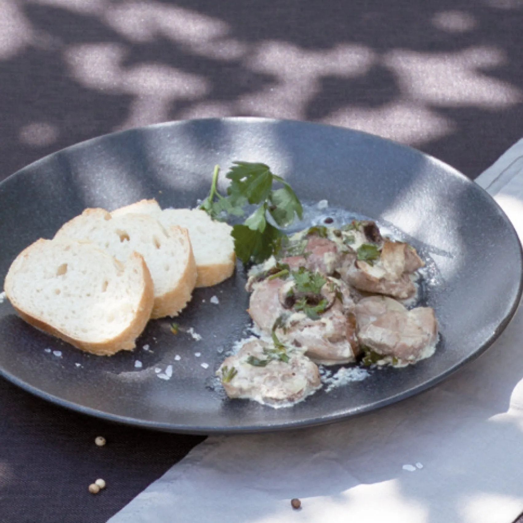 Dunkler Teller mit cremig überbackenen Fleischstücken, Brot und Petersilie aus dem Kochbuch Bestes Herzhaftes Fleisch & Fisch für den Omnia Backofen
