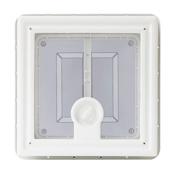 Weiße quadratische Dachhaube Vent 40 crystal mit transparentem Lüftungsfenster und zentralem Drehknopf in Frontalansicht