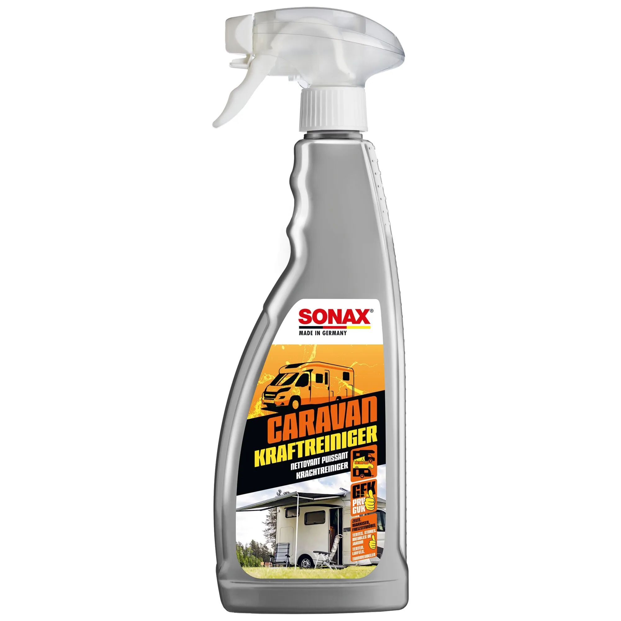 SONAX CARAVAN KraftReiniger 0,75 l in grauer Sprühflasche mit weißem Sprühkopf und Caravan-Motiv auf dem Etikett