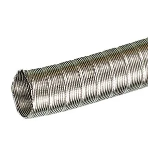 Metallisches, flexibles Abgasrohr AE 3 mit geriffelter Oberfläche, schräg dargestellt und an einem Ende offen, 20 m lang