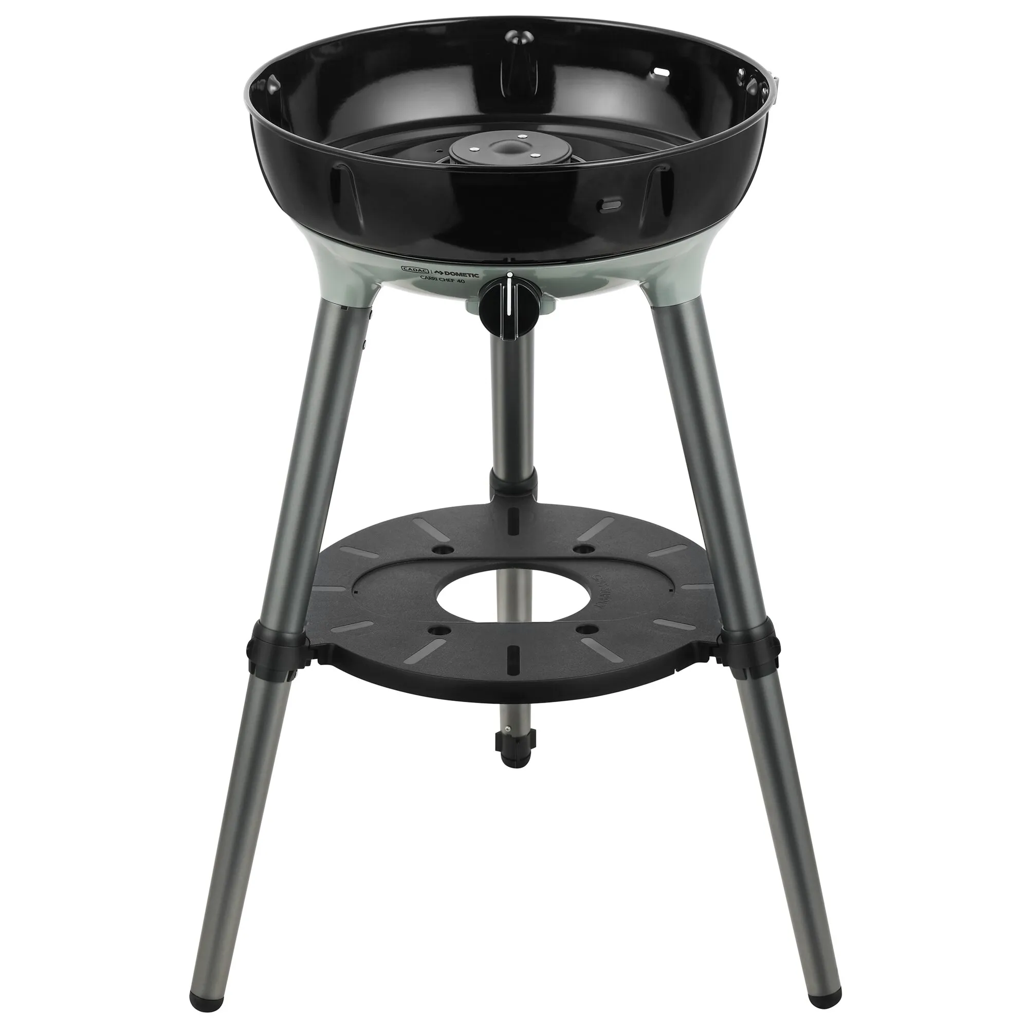 Schwarzer Gasgrill CADAC Carri Chef 40 auf drei Beinen mit runder Grillwanne, Brenner und Ablagefläche
