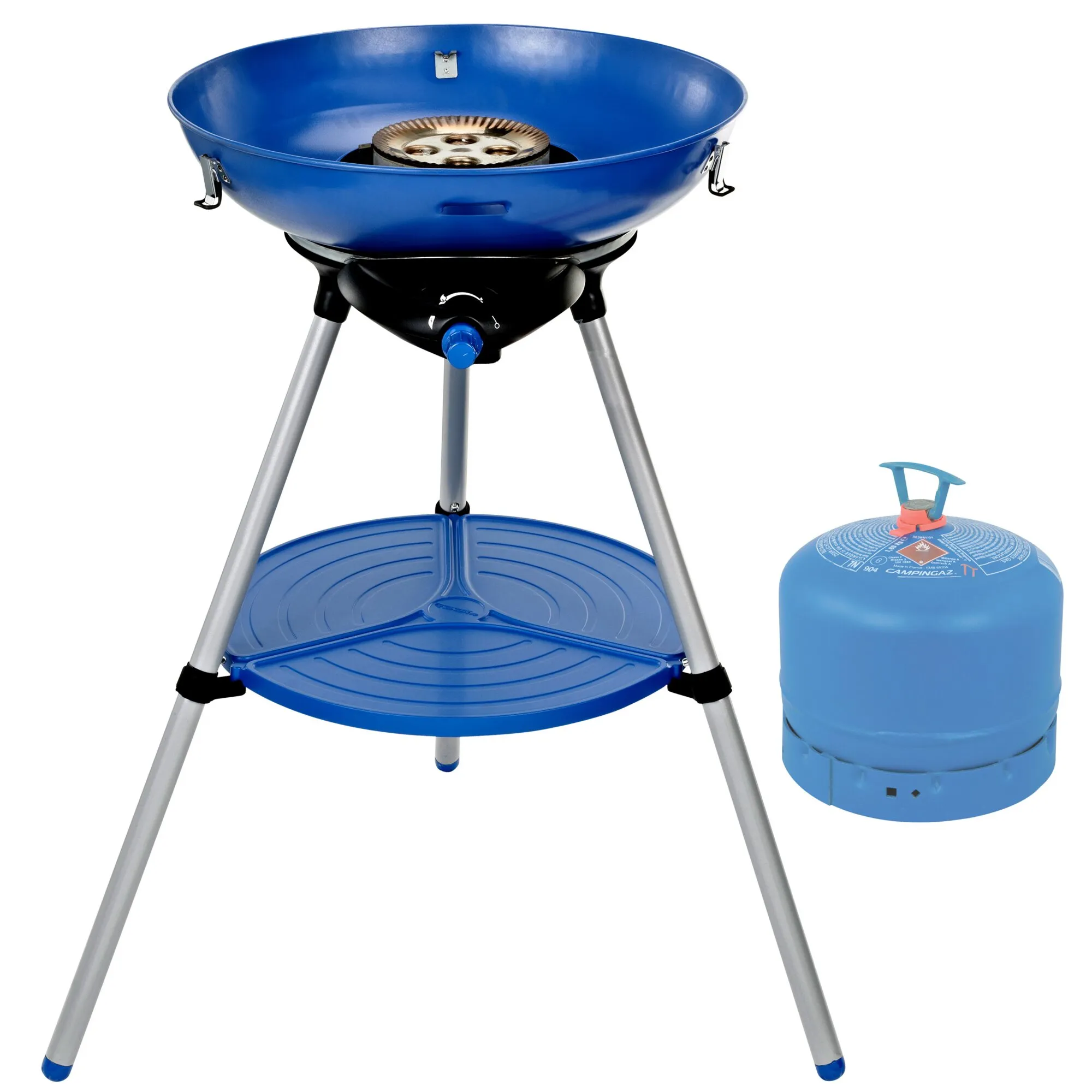 Blauer Party Grill 600 R mit rundem Grillbecken, drei Beinen, Ablagefläche und separater blauer Gasflasche