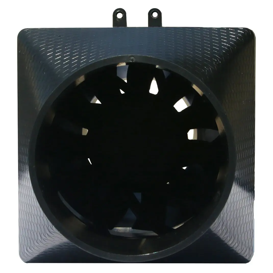 Schwarzer, rechteckiger Rohrventilator TTC-SC32(A)+ mit runder Frontöffnung, sichtbaren Ventilatorblättern und zwei Befestigungslaschen oben
