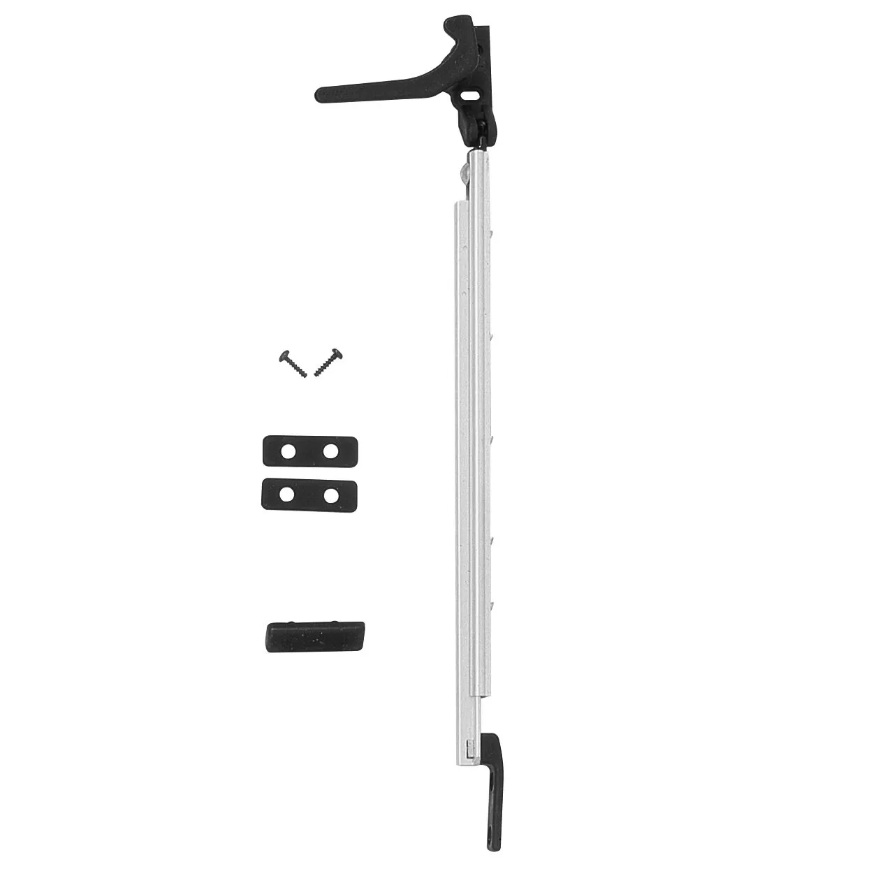 Schwarzer Automatik-Fensteraussteller rechts, 300 mm, mit silberner Führungsschiene, Befestigungsplatten und Schrauben