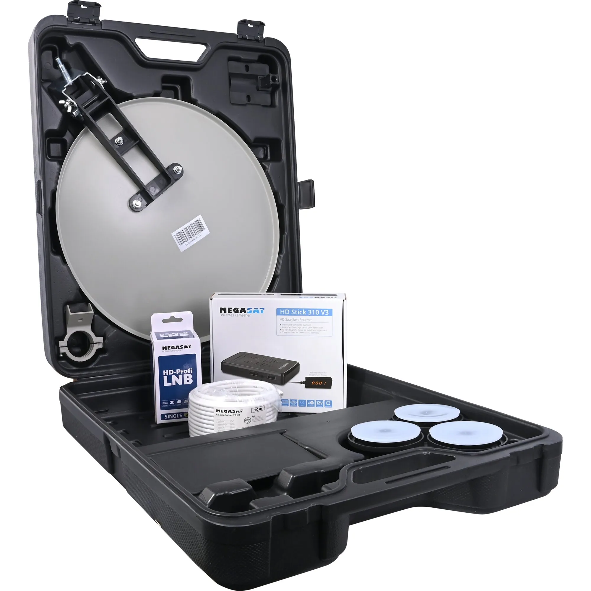 Geöffneter schwarzer Megasat Campingkoffer mit grauer Satellitenschüssel, LNB, Koaxialkabel und HD-Stick-Receiver->___