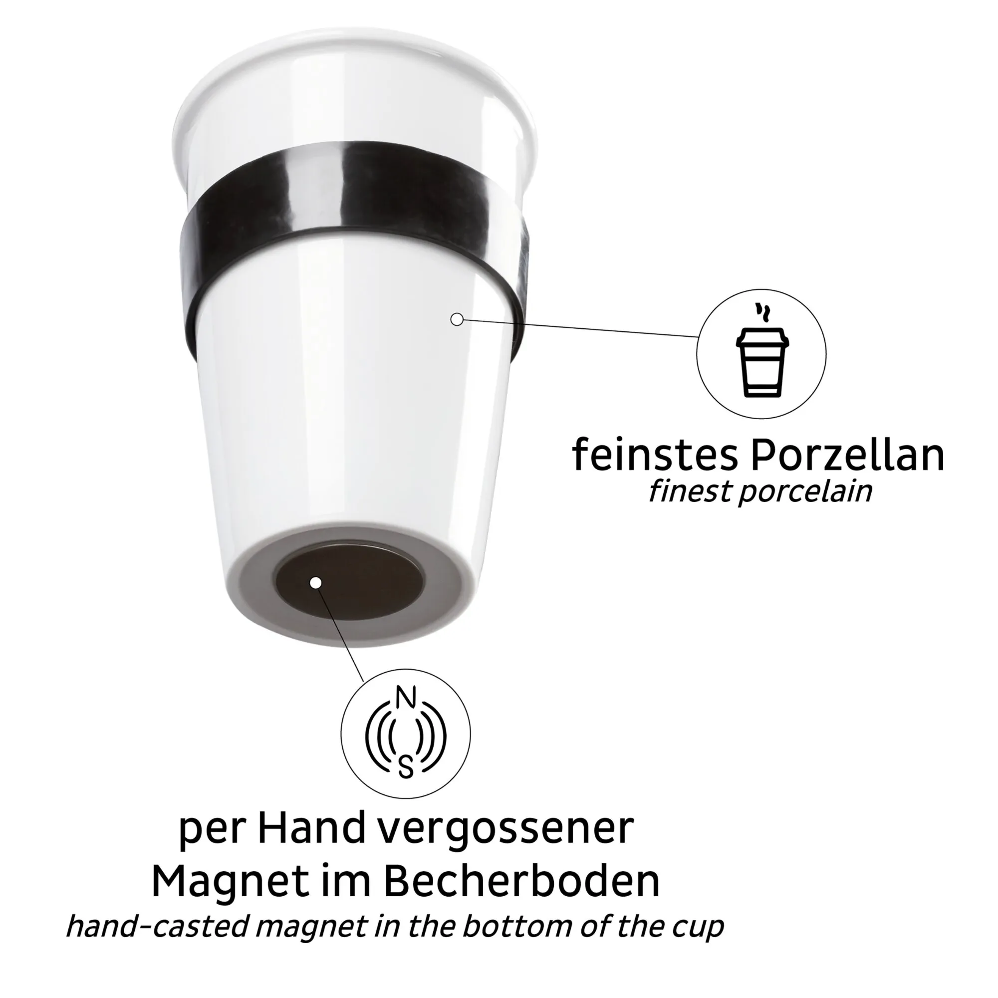Weißer Porzellan-Kaffeebecher TO-GO-CUP mit schwarzem Halteband und handvergossenem Magneten im Becherboden
