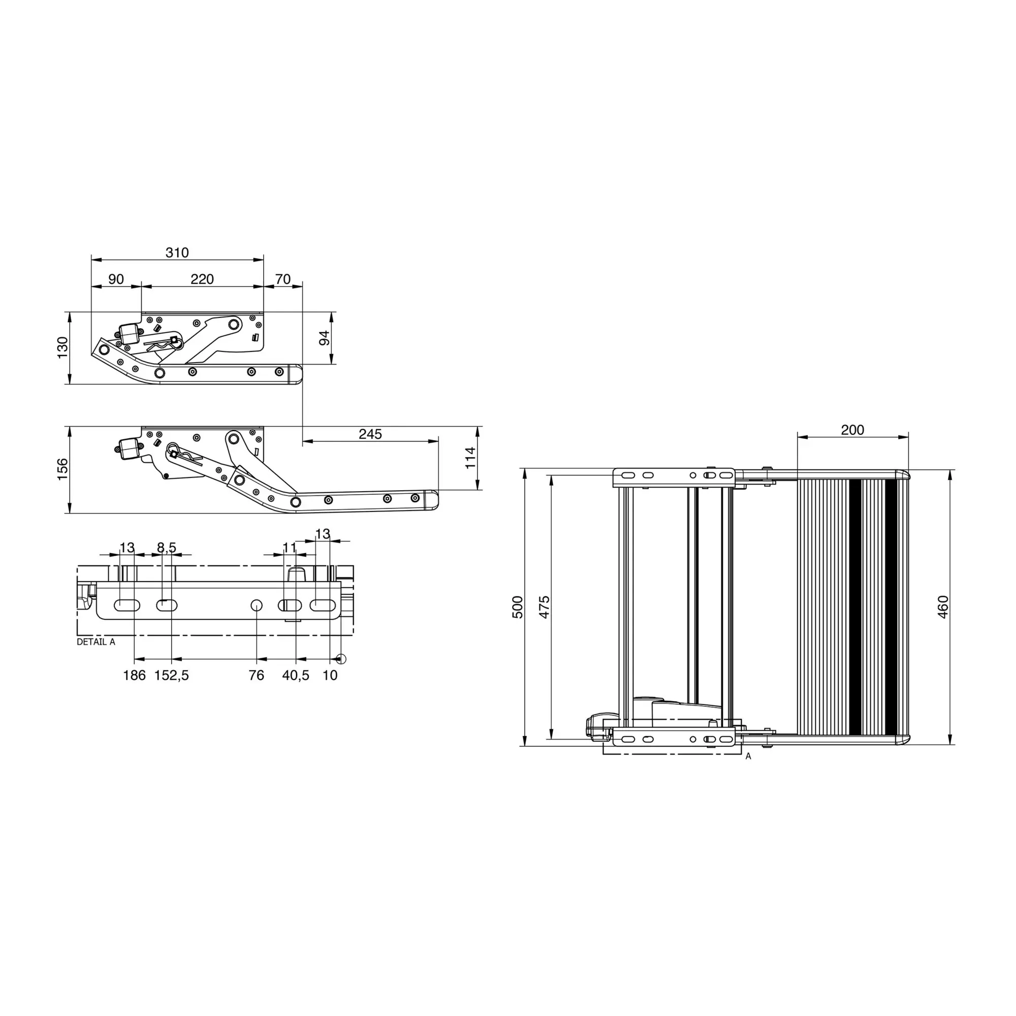 Technische Zeichnung der Thule Single Step Compact 12V 500 Trittstufe mit Seiten- und Detailansichten, Abmessungen in Millimetern Detail A