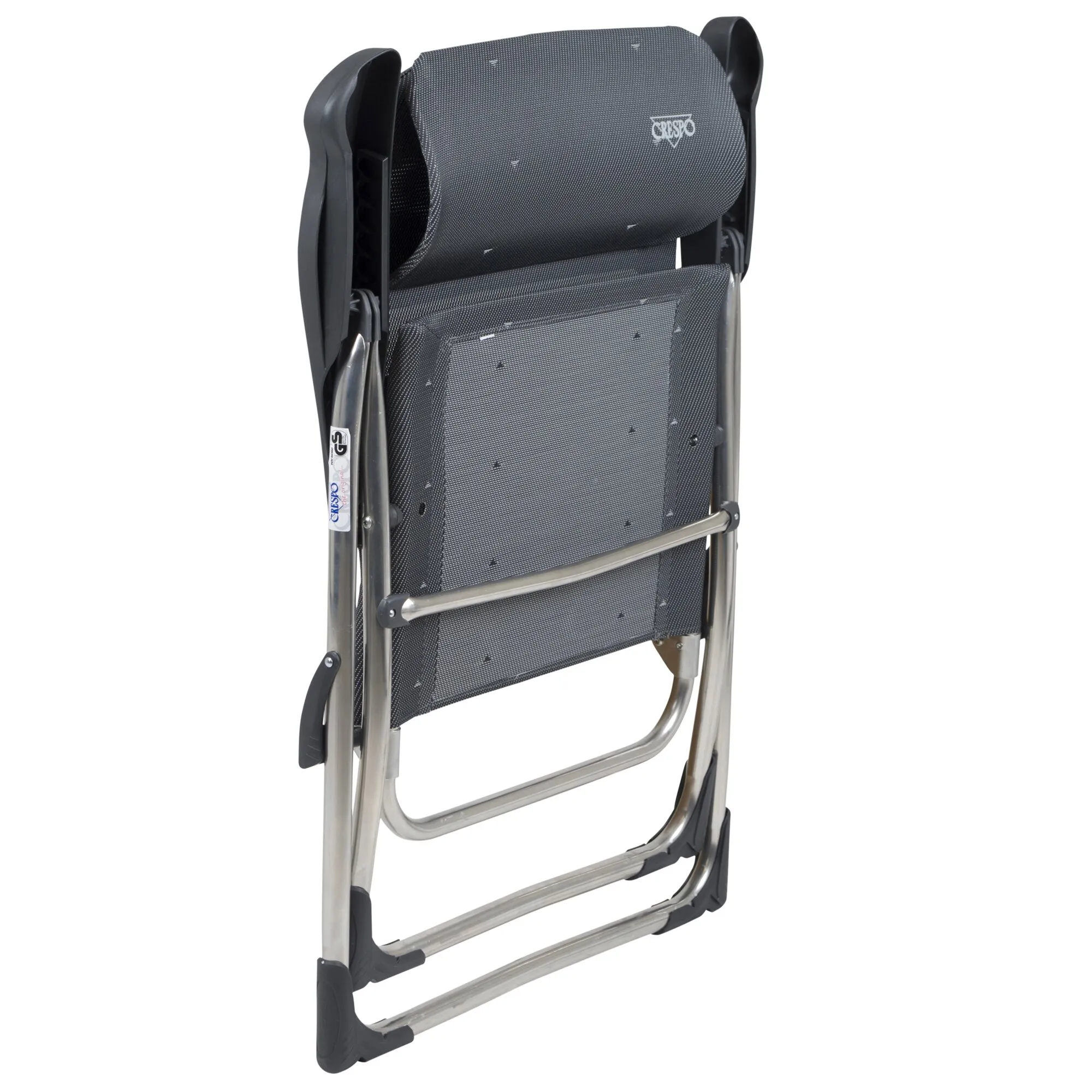 Zusammengeklappter schwarzer Campingstuhl XS AL/215 Compact mit grauem Textilgewebe und silbernem Aluminiumrahmen in Rückansicht