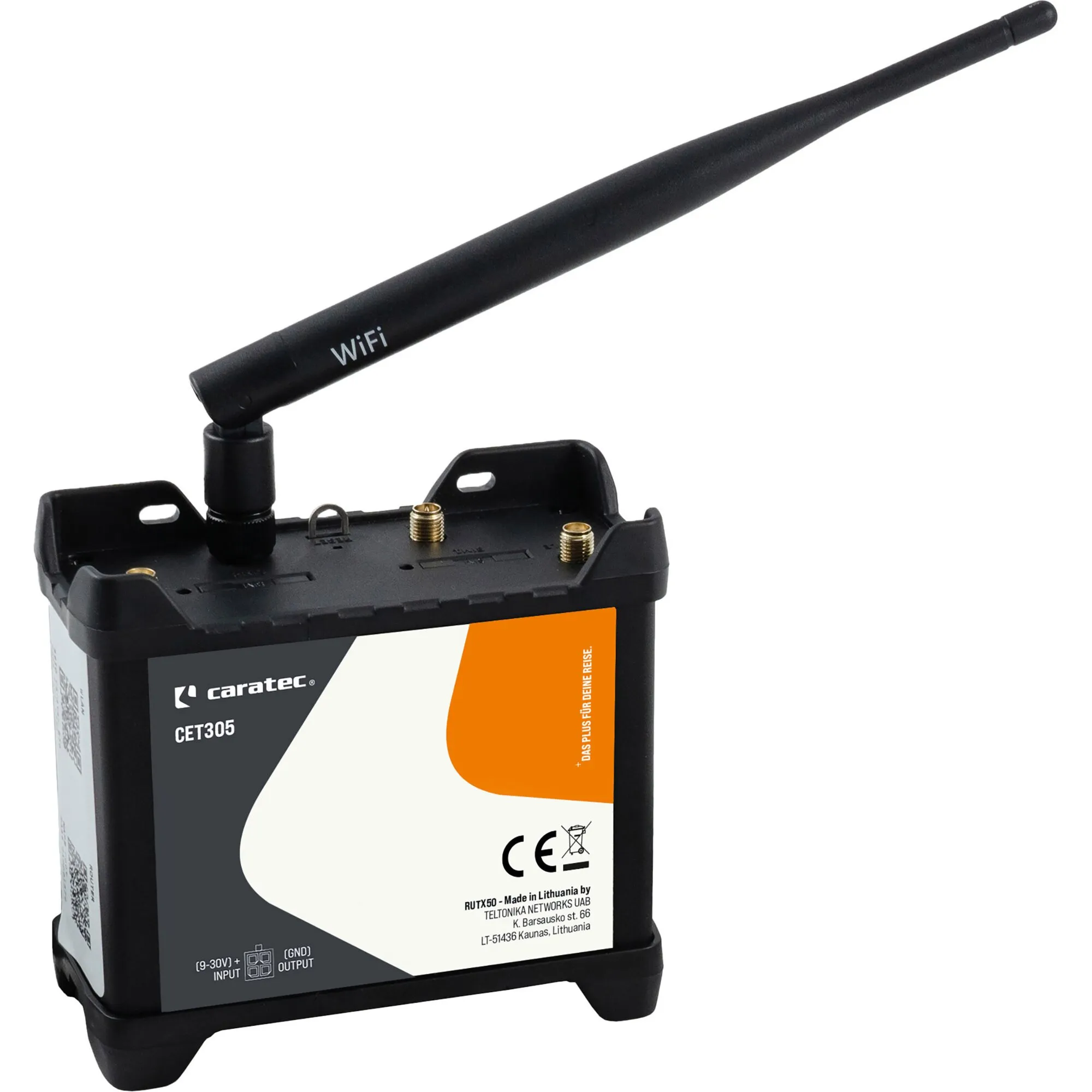 Weißes Caratec Electronics Routerset CET305 mit schwarzem Routergehäuse, WLAN-Antenne und Anschlüssen auf der Oberseite