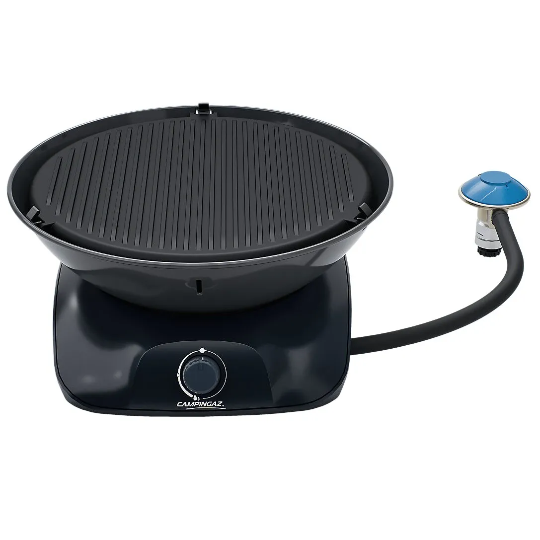 Schwarzer Campingaz Tischgrill 360 Grill CV mit geriffelter Grillplatte, Temperaturregler und angeschlossenem Gasschlauch