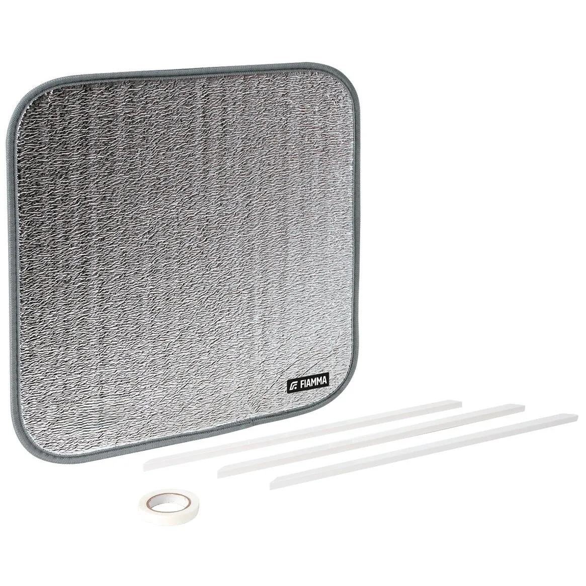 Isoliermatte Thermo Vent 40 von Fiamma mit silberner Oberfläche, drei weißen Befestigungsleisten und Klebeband