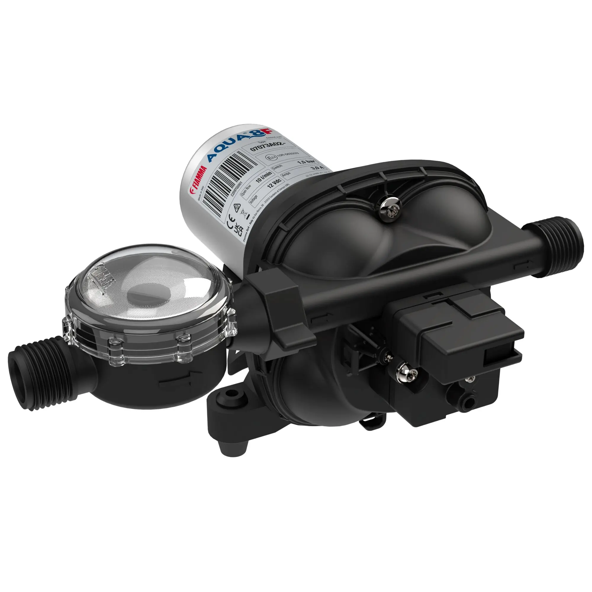 Schwarze Power Pumpe Aqua 8F von Fiamma mit transparentem Filtergehäuse und seitlichen Gewindeanschlüssen, 10 l/min