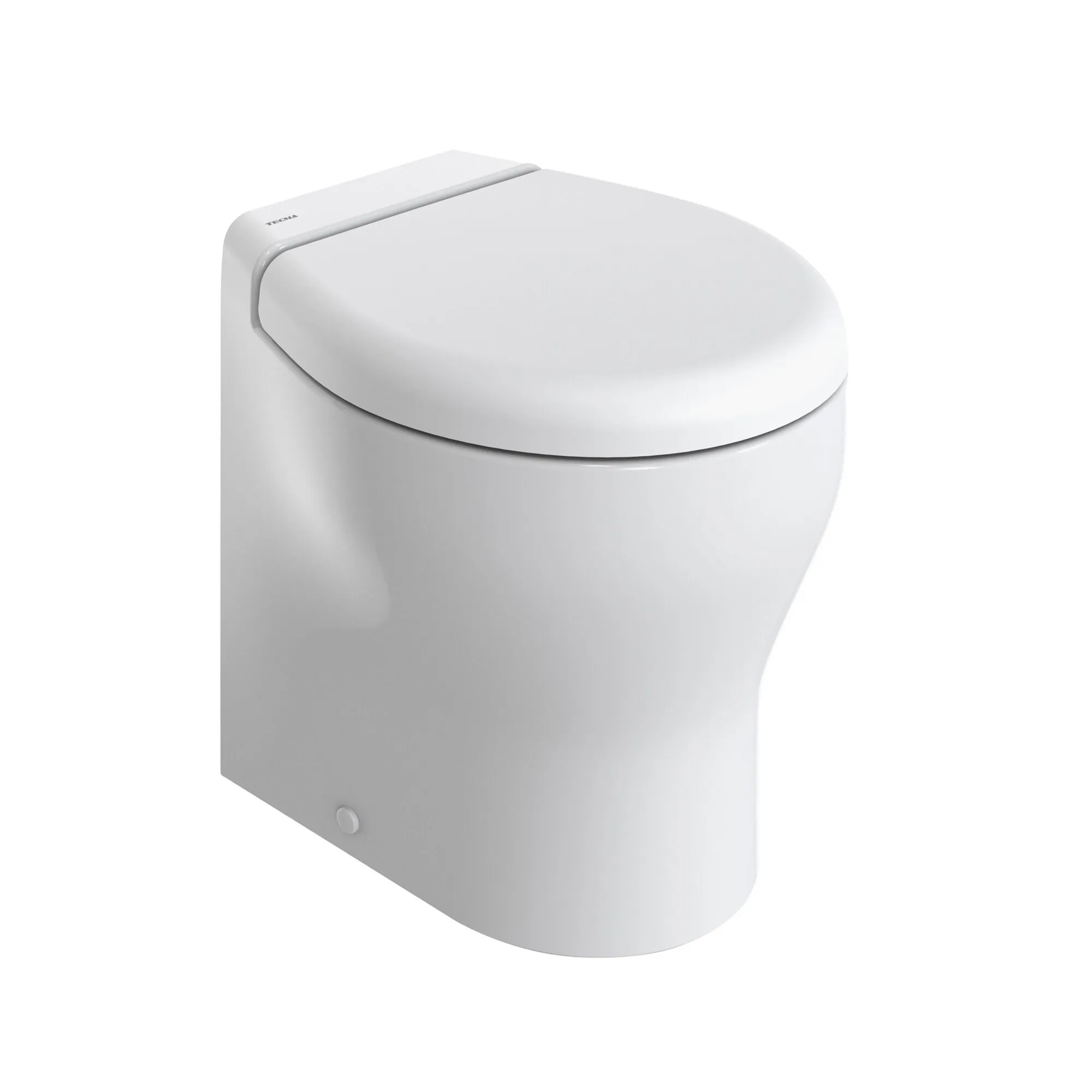 Weiße Zerhackertoilette Elegance mit geschlossenem Deckel, abgerundeter Form und seitlichem Druckknopf in Frontperspektive