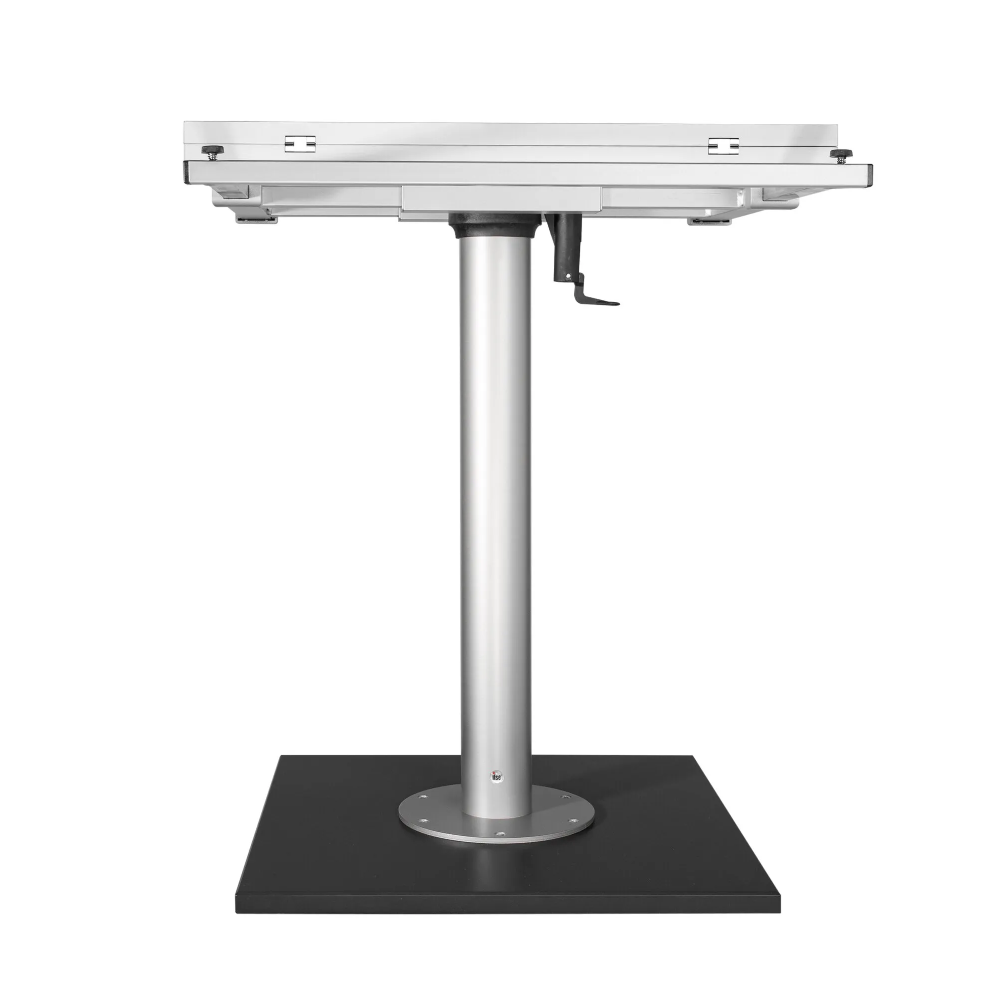 Silberne Tischsäule mit runder Bodenplatte, schwarzer Standfläche und höhenverstellbarer Tischplatte mit Kurbelmechanismus