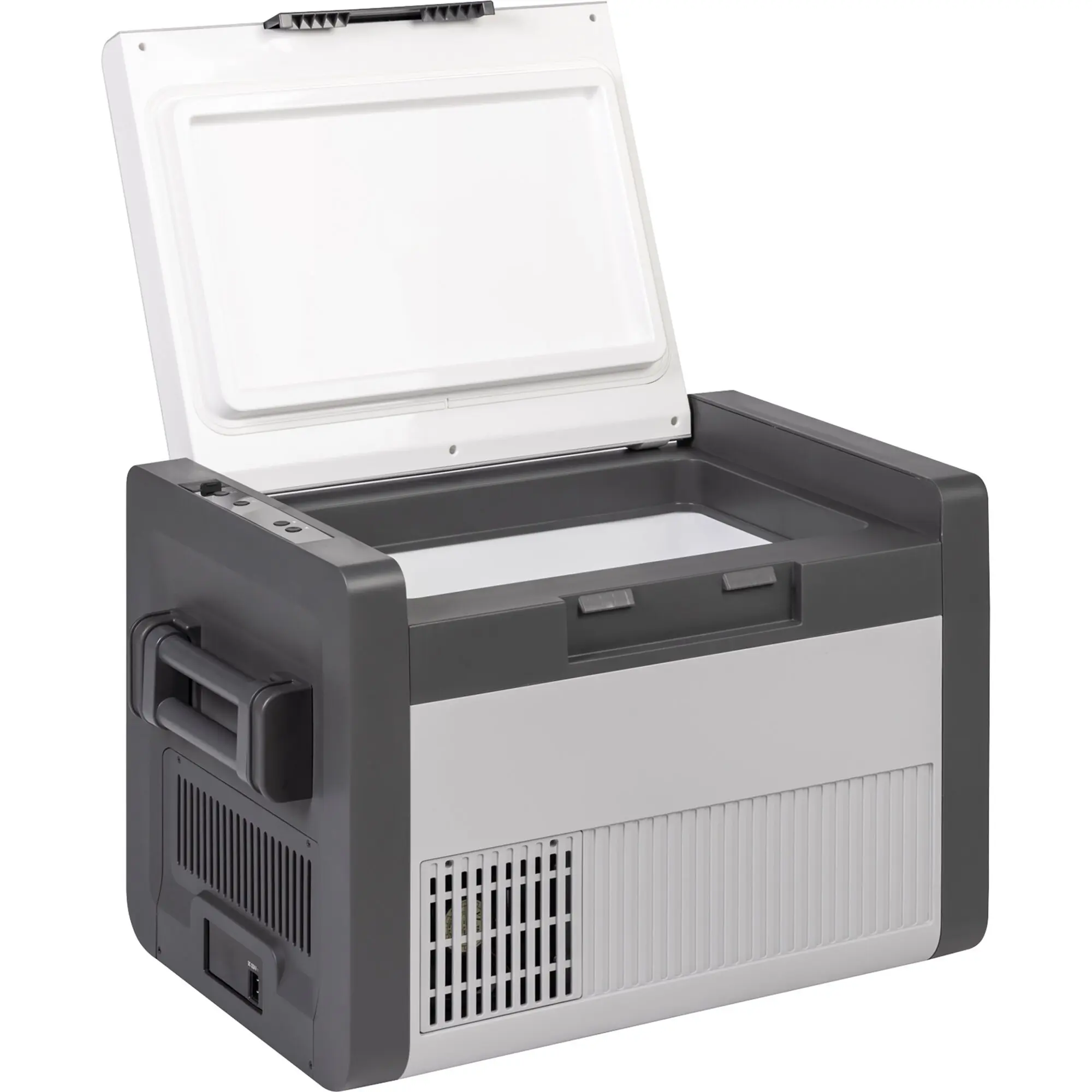Polarys Criomaster Kühlbox mit offenem weißen Deckel, dunkelgraues Gehäuse, seitliche Griffe und belüftete Frontabschnitte, Kapazität 25 l