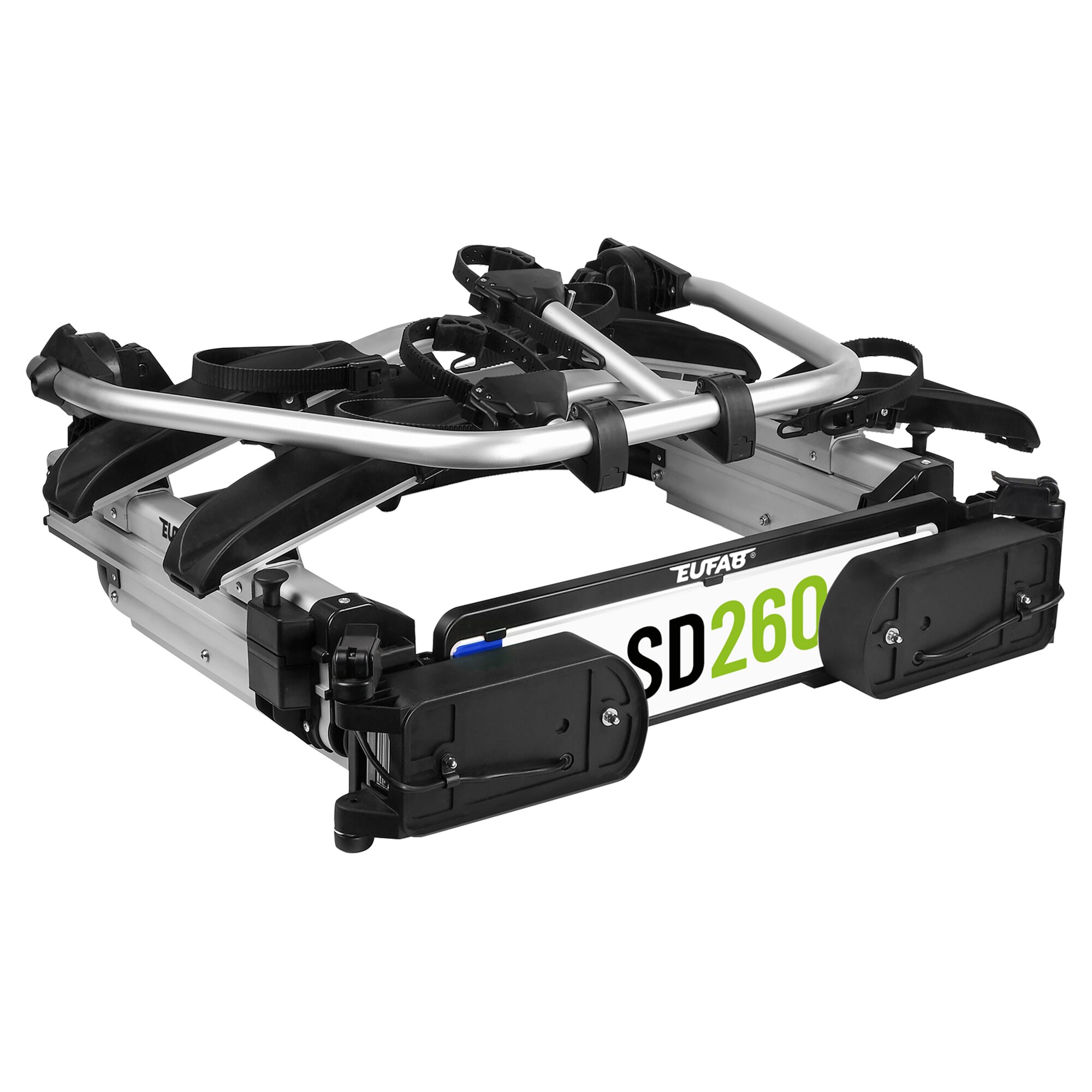 Silberner Fahrradträger SD260 mit Anhängerkupplung auf Tragrahmen; sichtbare Haltebänder, Spanngurte und schwarze Befestigungselemente