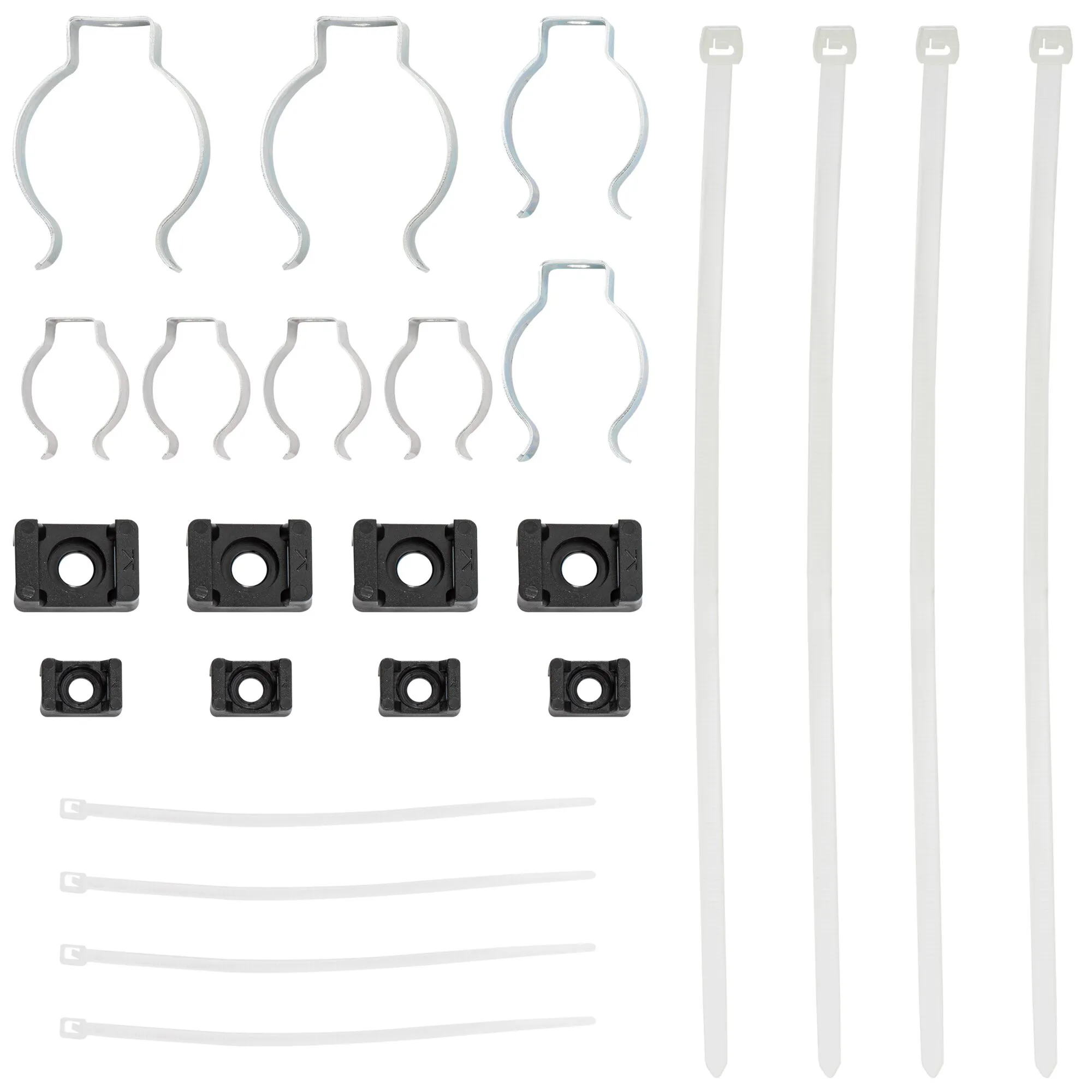 Magnet-Set Classic mit silbernen Magnetbügeln, schwarzen Halterungen sowie weißen Befestigungsstäben und Kabelbindern