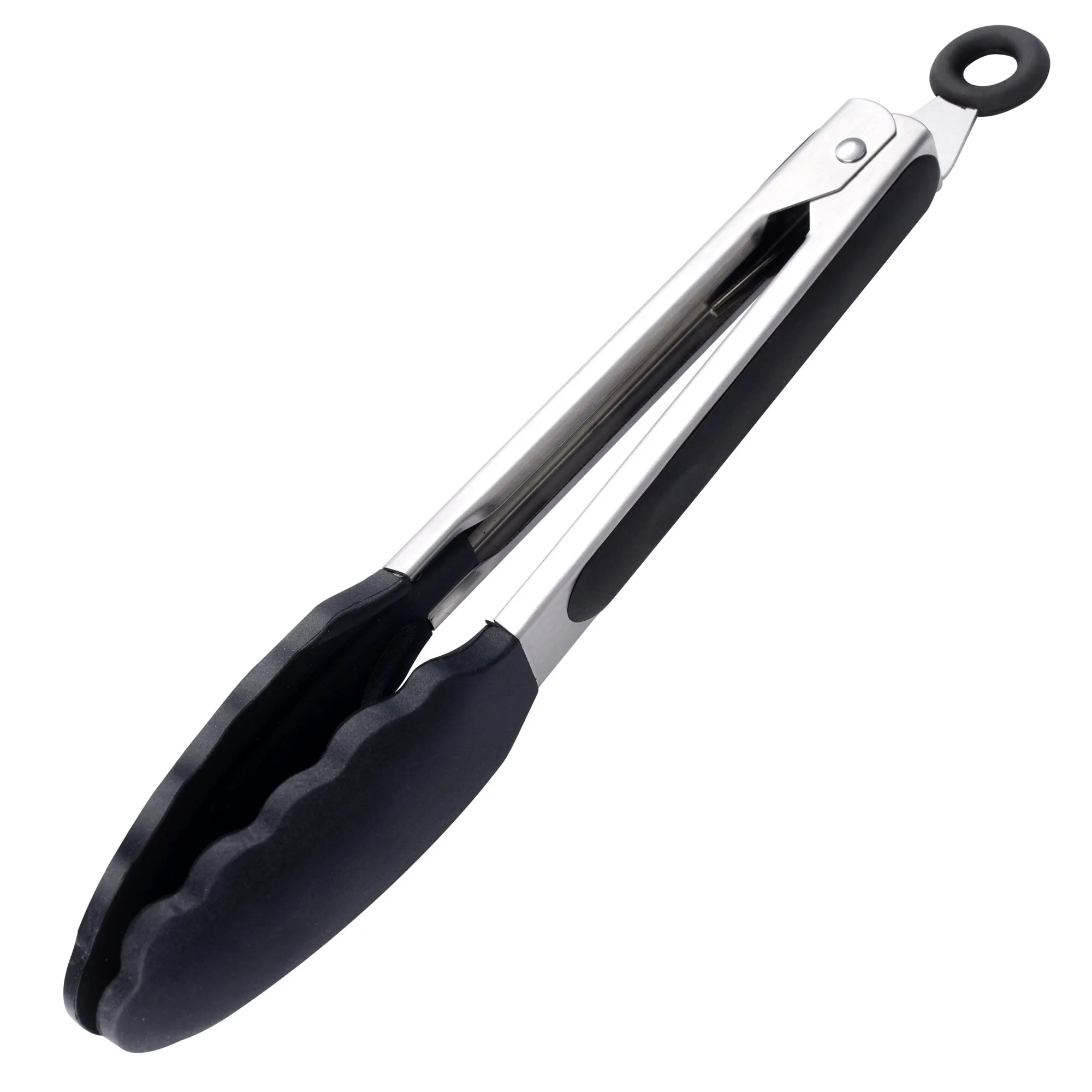 Edelstahl-Grillzange, 280 mm, mit schwarzen Silikongreifflächen, rutschfestem Griff und Aufhängöse in Seitenansicht