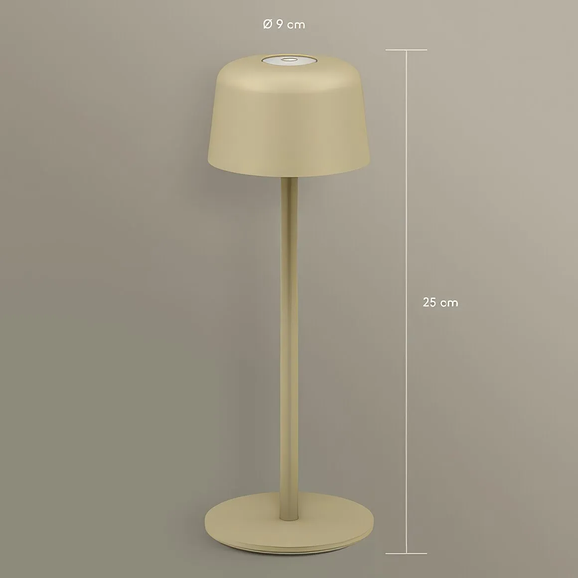 Beige LED-Tischleuchte mit rundem Lampenschirm und Standfuß, 25 cm hoch und 9 cm Durchmesser