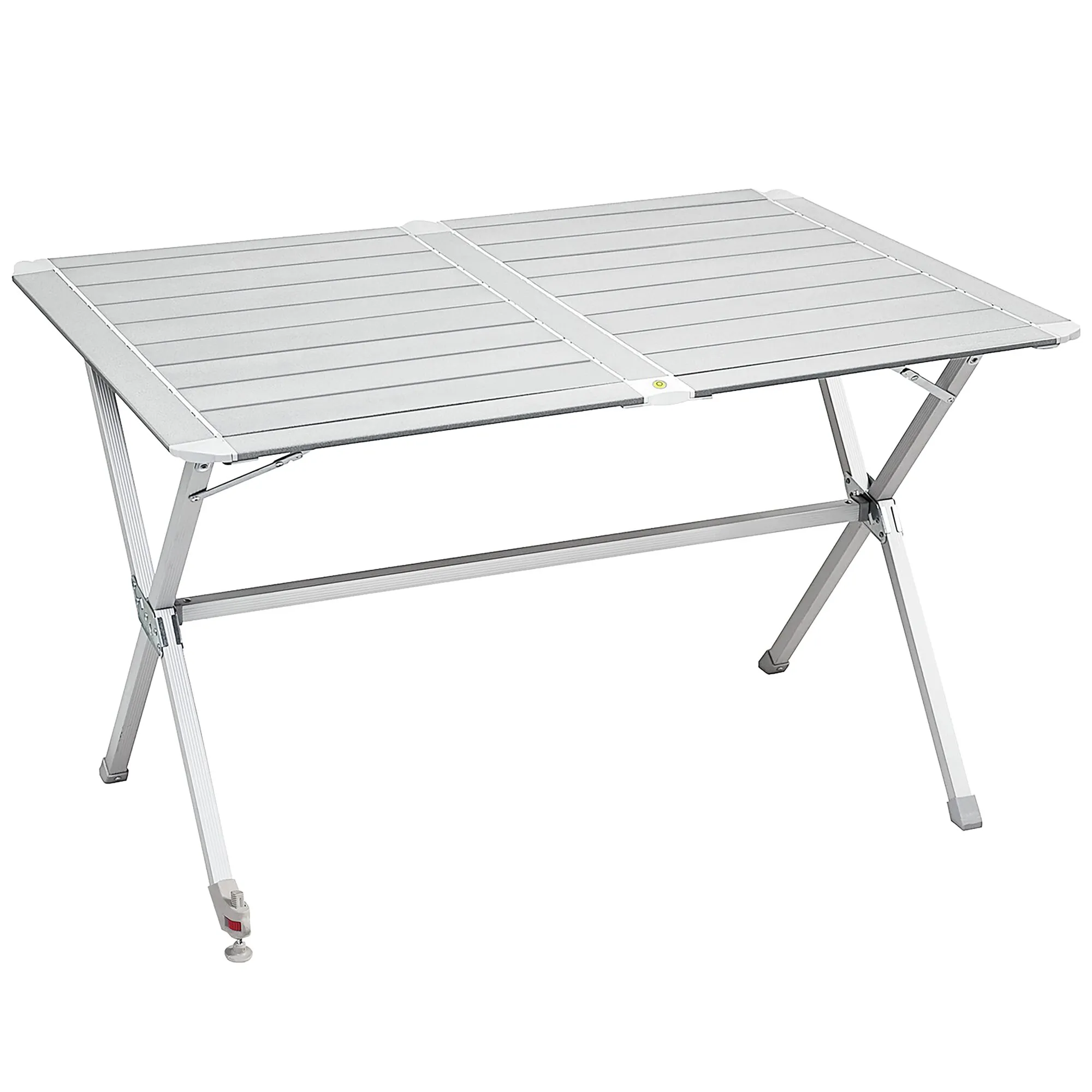 Silberner Rolltisch Silver Gapless mit 110 cm großer, geriffelter Tischplatte und klappbarem Aluminiumgestell unerquicklich