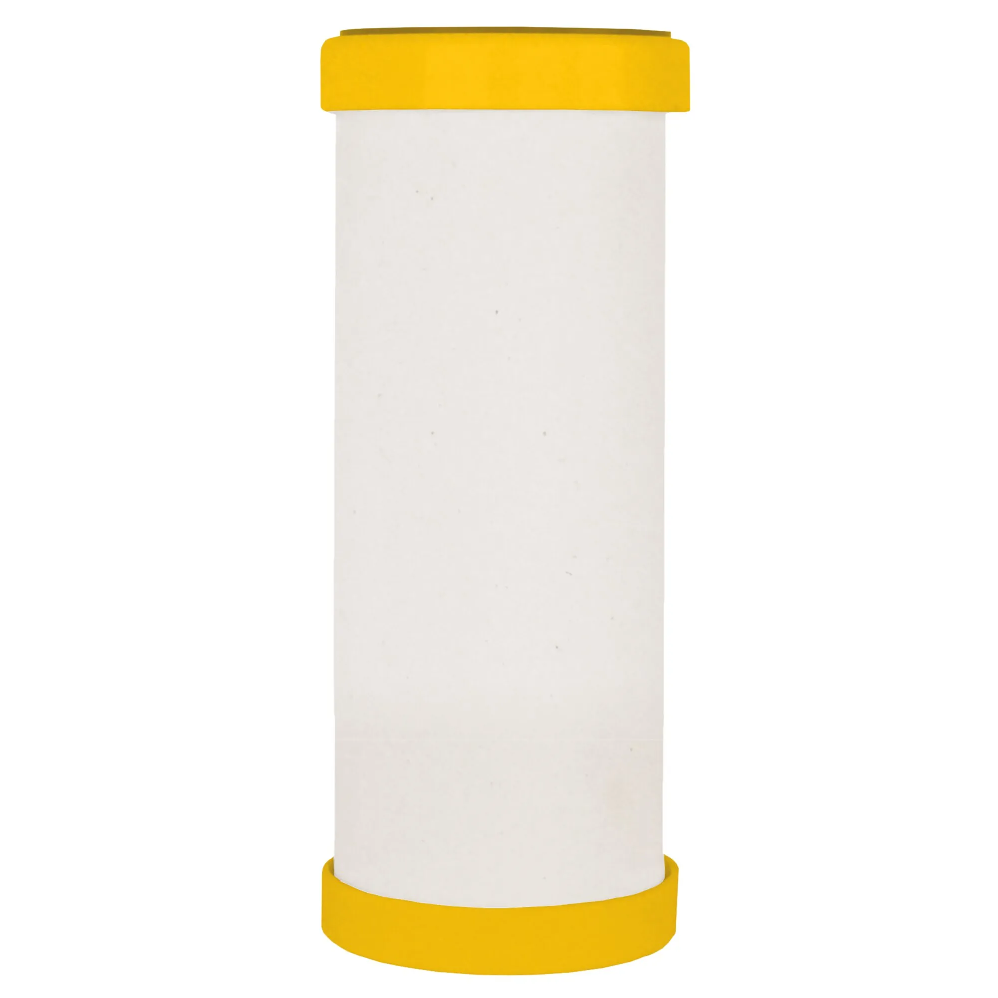 Weiße zylindrische Certec® Inline-Filterkartusche 6-in-1 mit gelben Endkappen, freigestellt vor weißem Hintergrund