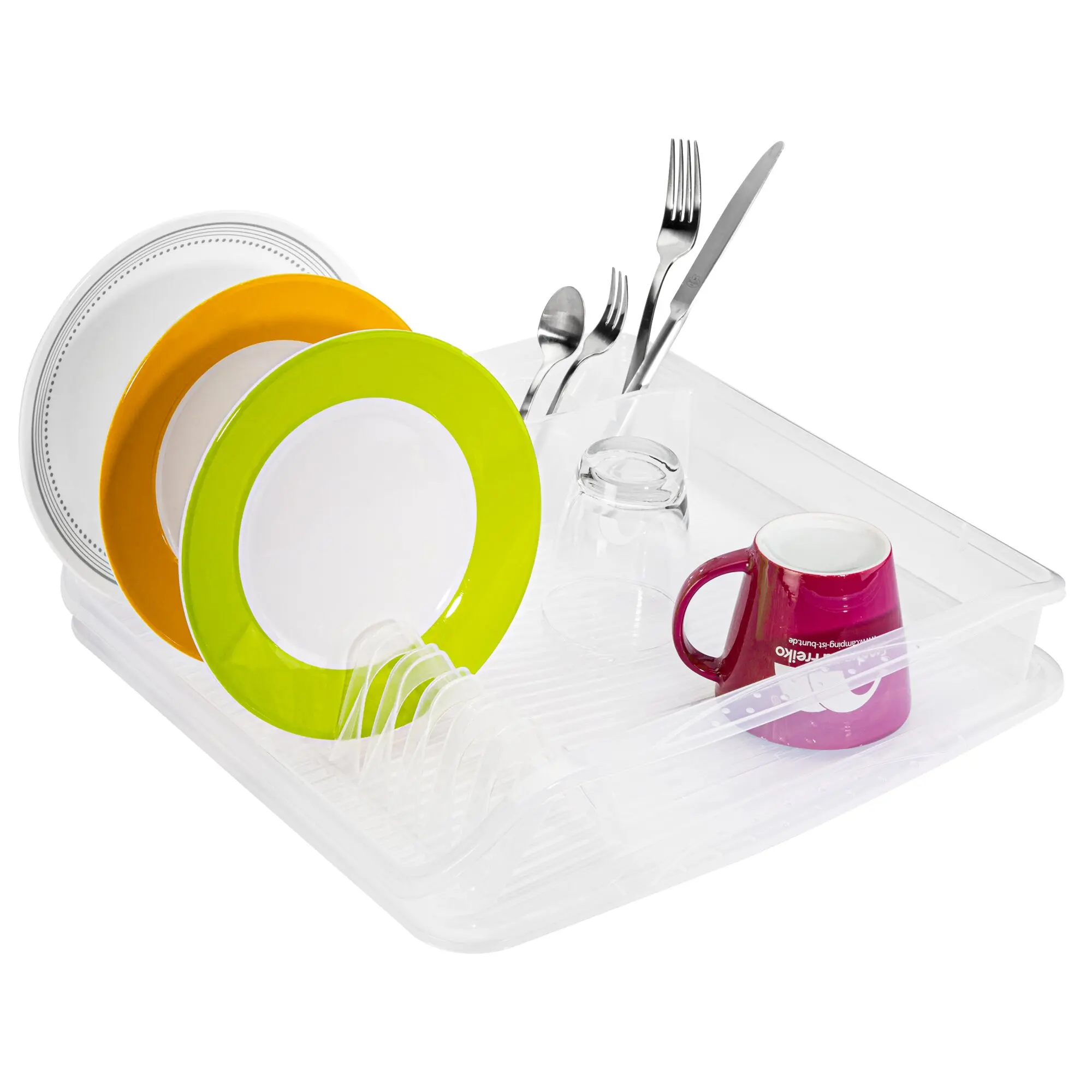 Geschirrablaufkorb mit durchsichtigem Tablett, bunte Teller in Weiß, Orange und Grün, dazu Besteck und eine purpurfarbene Tasse