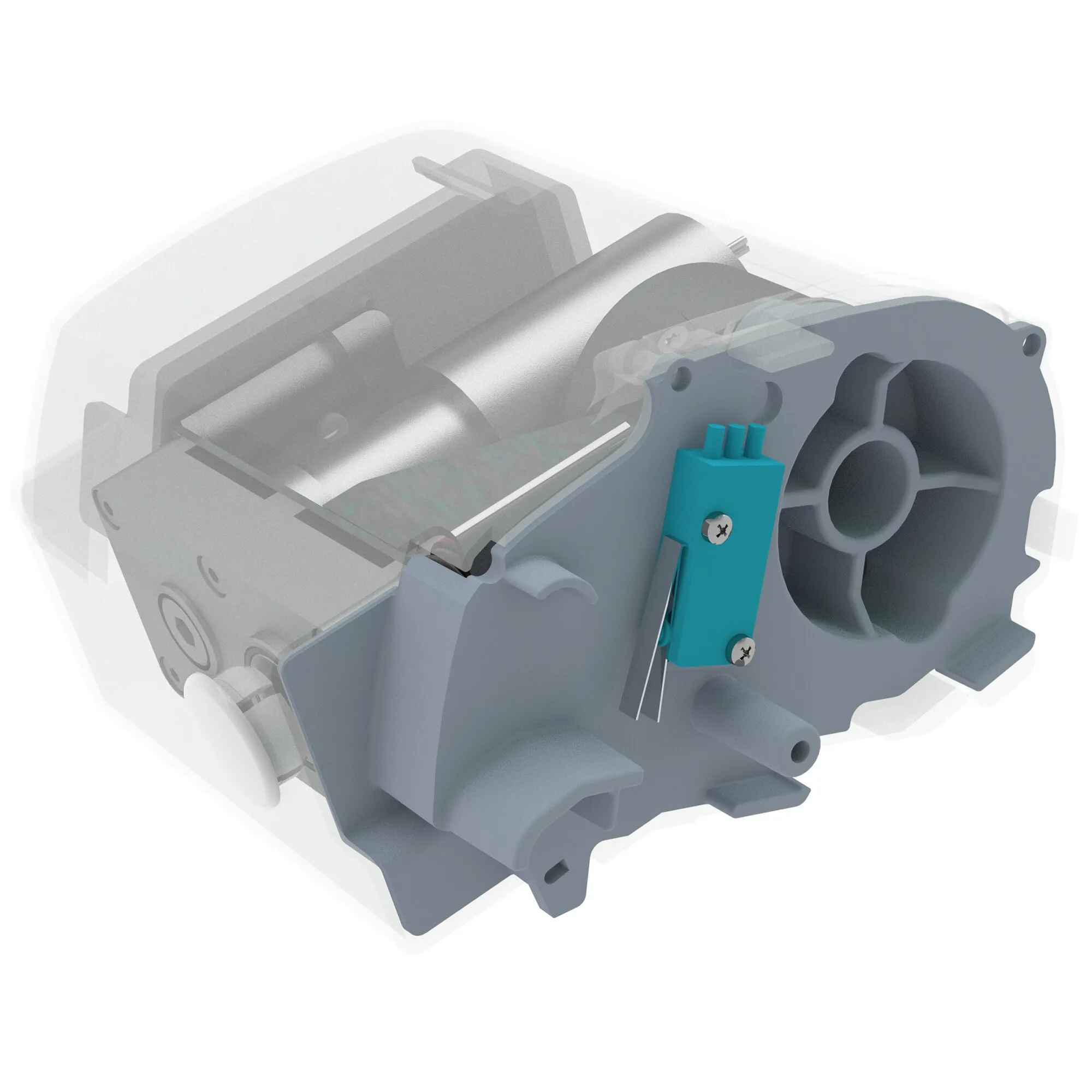 Motor Kit Compact F80s in Polarweiß als technische Schnittdarstellung mit zylindrischem Motor, Halterungen und türkisfarbenem Steckverbinder