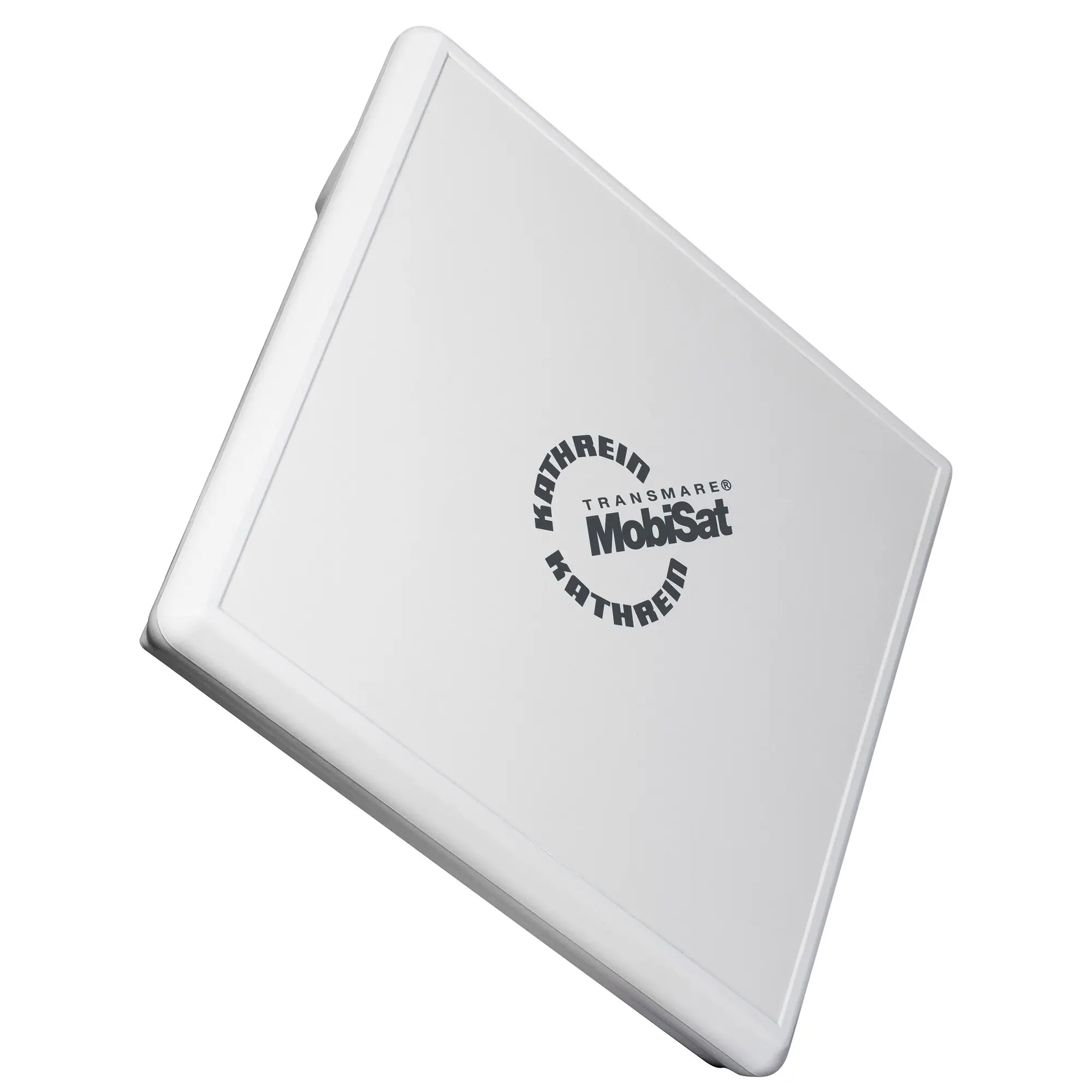 Weiße flache Satellitenantenne in quadratischer Form mit abgerundeten Ecken, diagonal im Bild, sichtbares Kathrein-Logo und MobilSat-Aufdruck