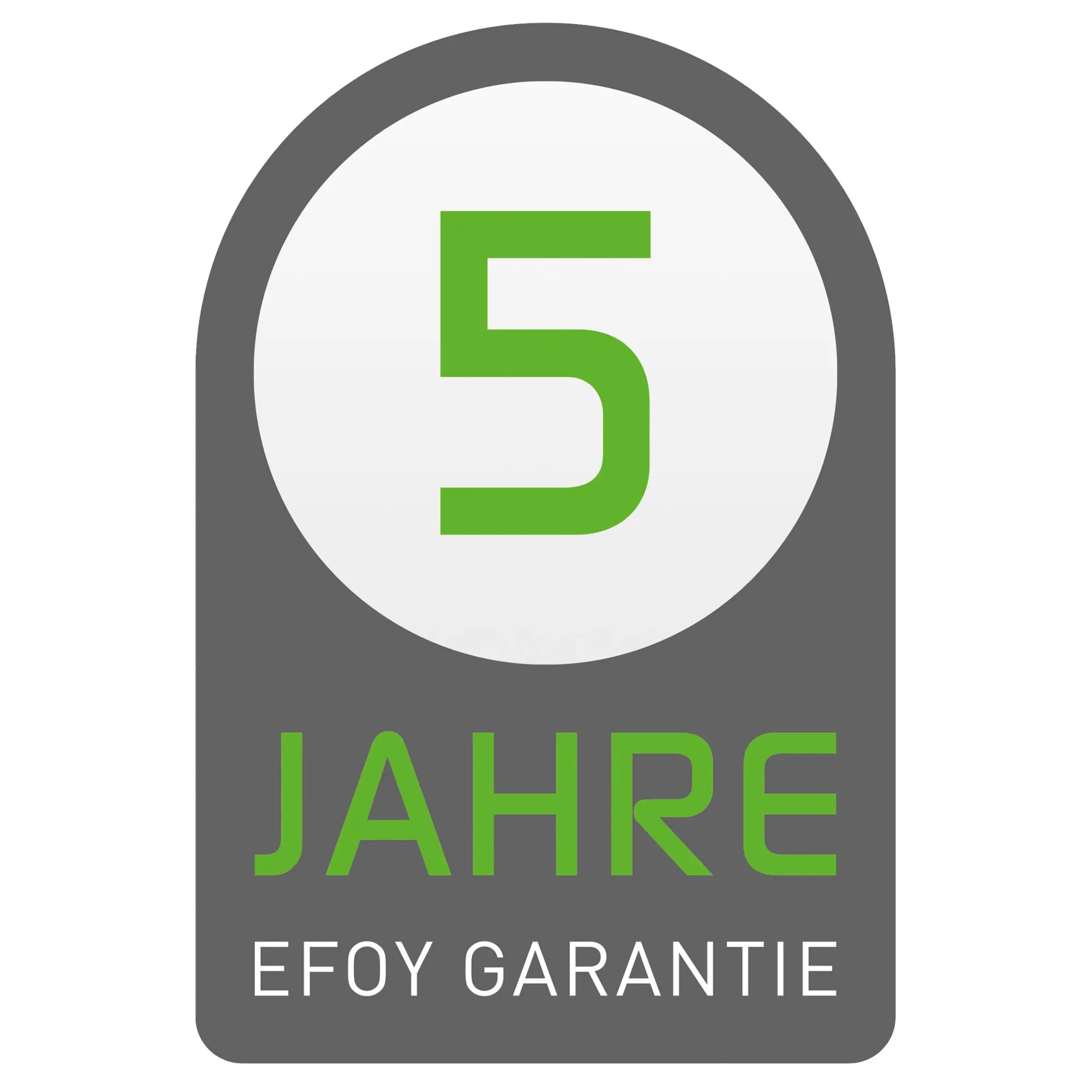 Garantiezertifikat 5 Jahre für EFOY 150 BT; grafische Darstellung mit grauem Rahmen, weißem Kreis und großer grüner 5, darunter grün geschrieben JAHR und EFOY GARANTIE